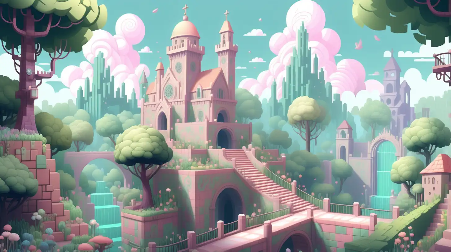 Pixel-style heavenly  location explores a pixelated, beautiful peaceful city in a magical pastel colored forest, its garden walls etched with enchanted sigils, as laughter and love  are with you every step of the wonderful journey