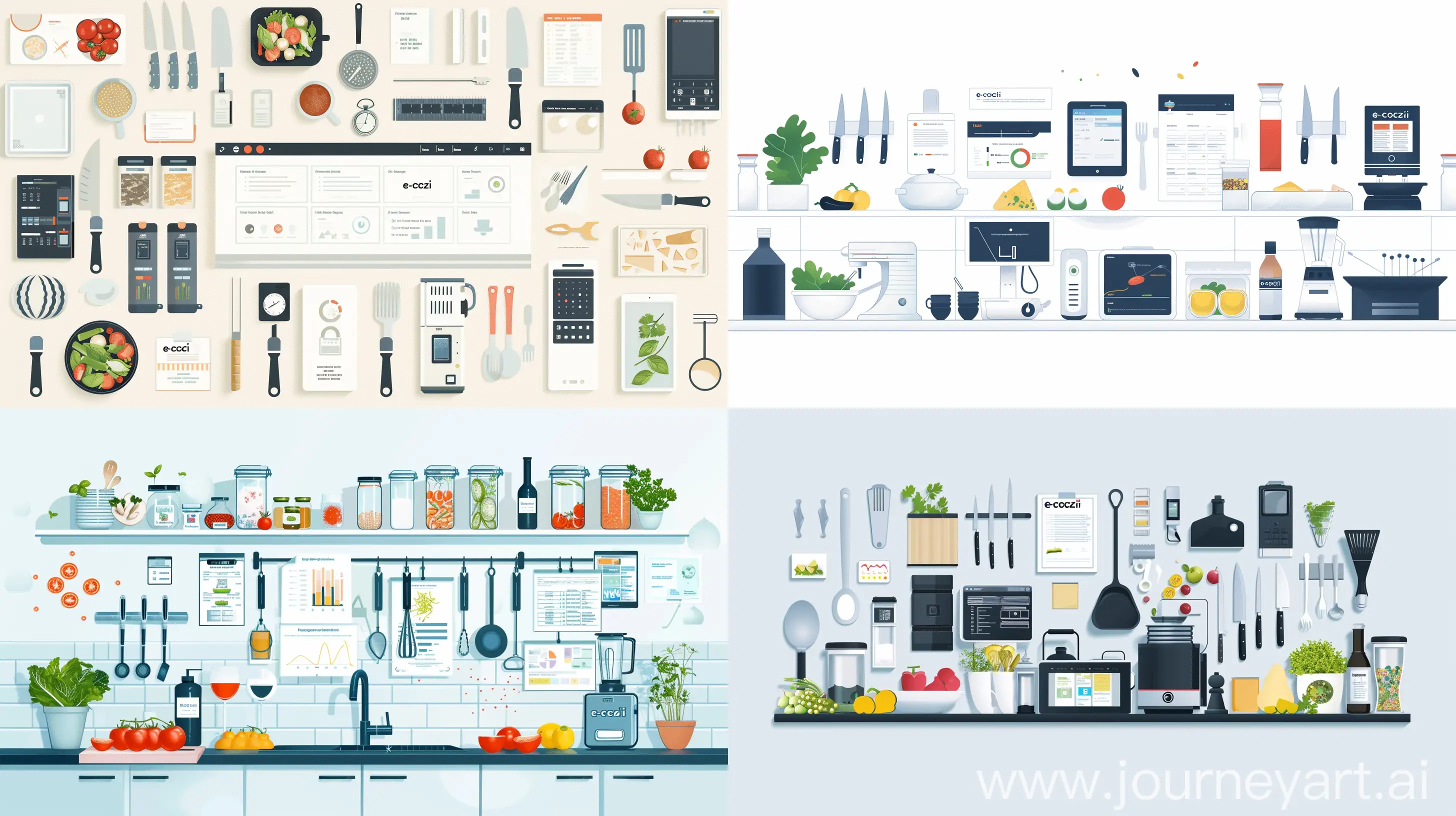 create a visually appealing image for the presentation of the e-cozi system, a SAAS platform for industrial kitchen management. The image should highlight the system's key features and benefits, conveying professionalism, efficiency, and innovation. Incorporate elements related to cooking and business management, such as kitchen utensils, report graphics, fresh ingredients, and electronic devices, while maintaining a clean and professional aesthetic. Create an image that captures attention and portrays e-cozi as a modern and effective solution for industrial kitchen management. --ar 16:9