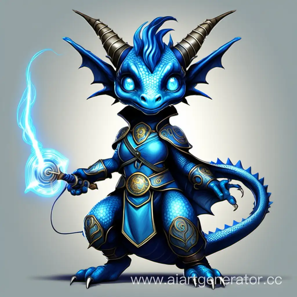 dragon, female wizard of short stature umanoid blue electric, with two daggers, small, cute, big eyes