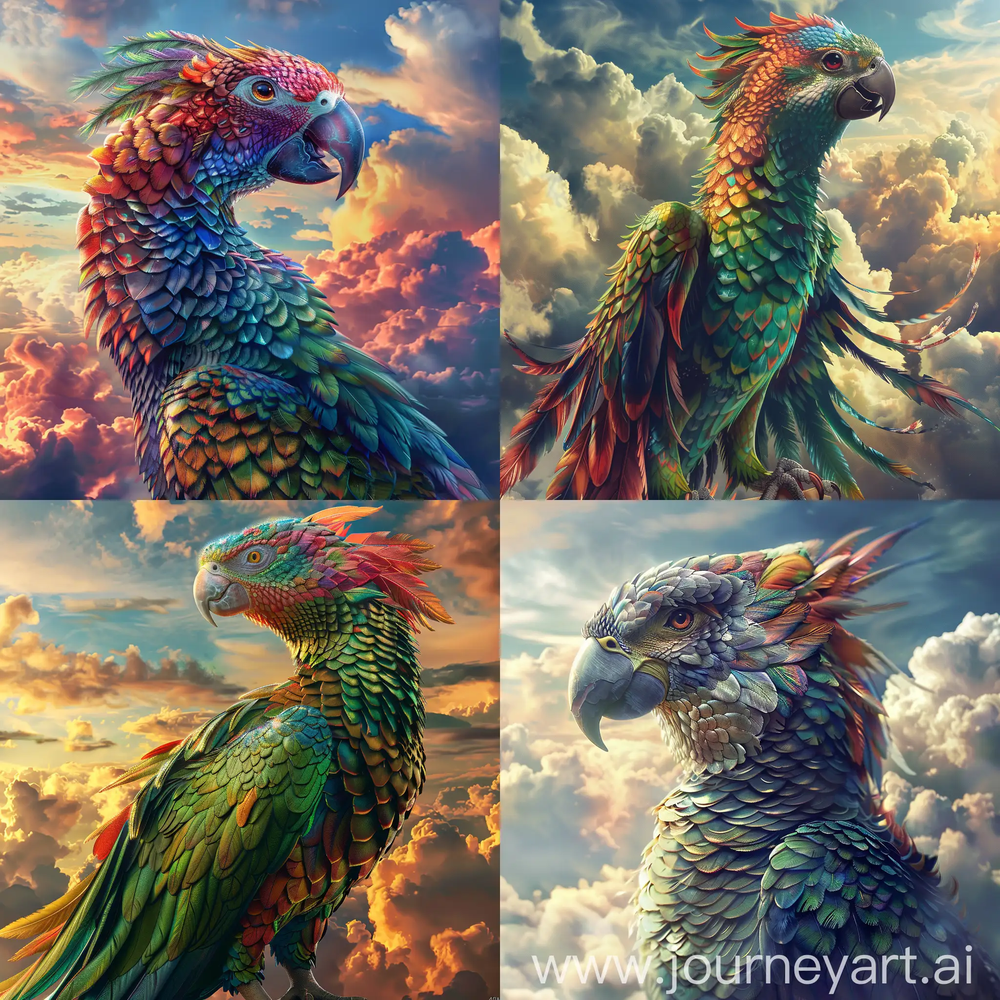 Wyvern body, Dragon body, falcon face, vibrant parrot colors, feathers and scales, 4K, cinematic, spectacular clouds in the background