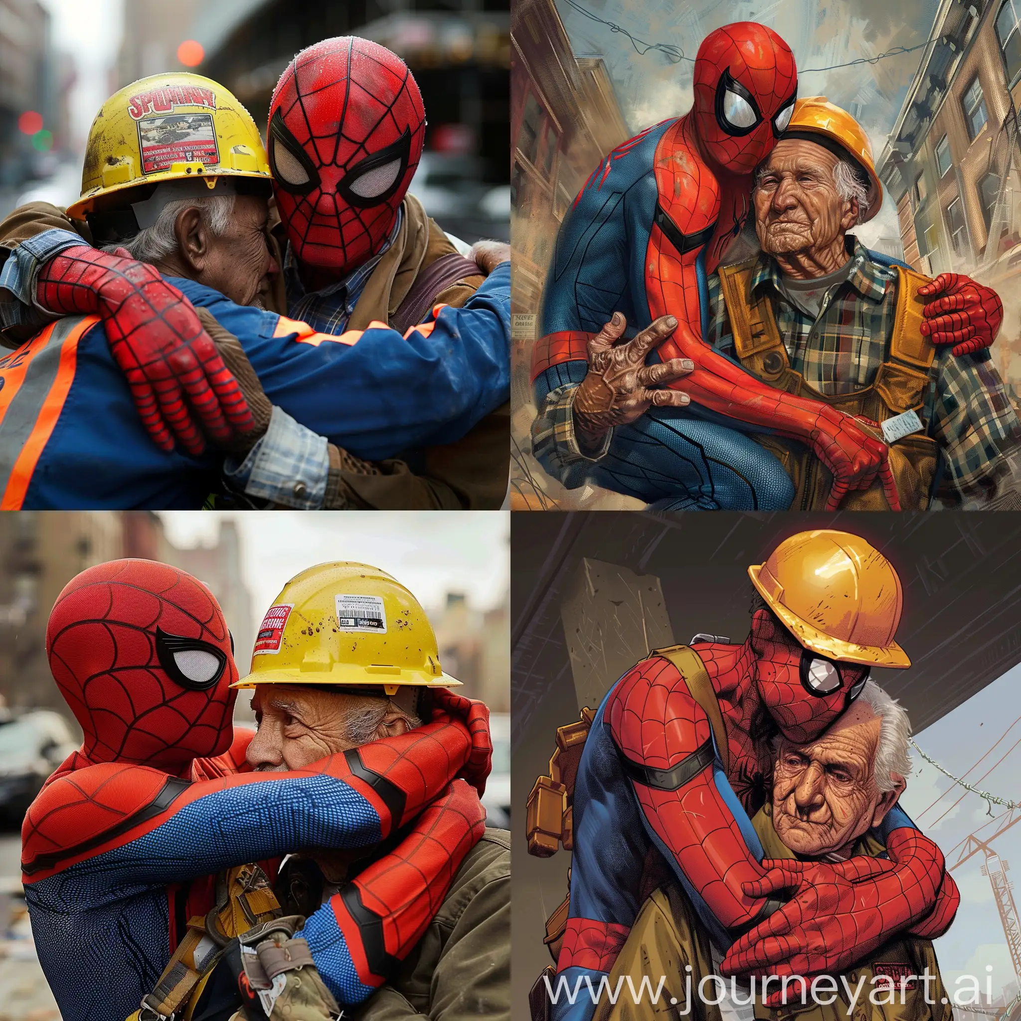 spiderman hugging an elderly construction worker