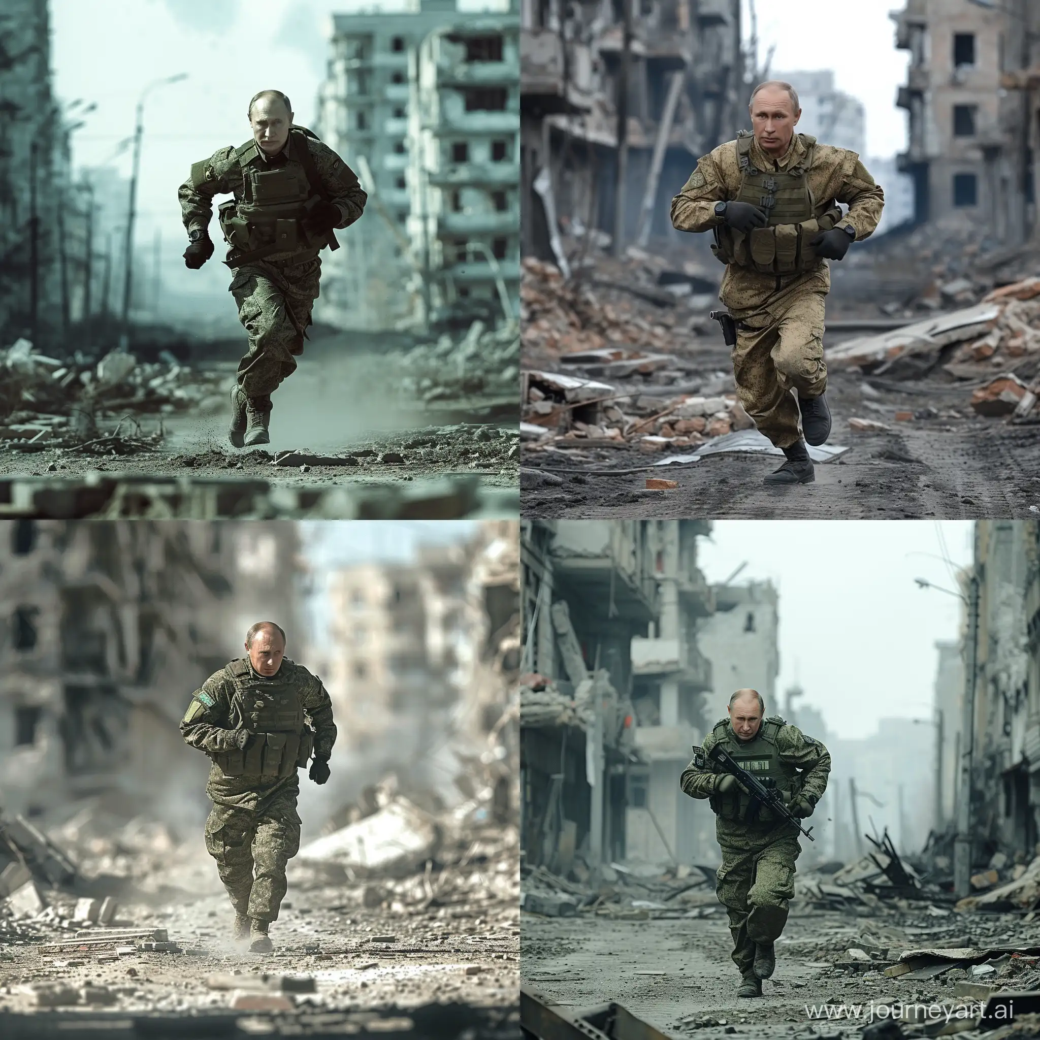 Soldier that looks like Putin running in destroyed by war city