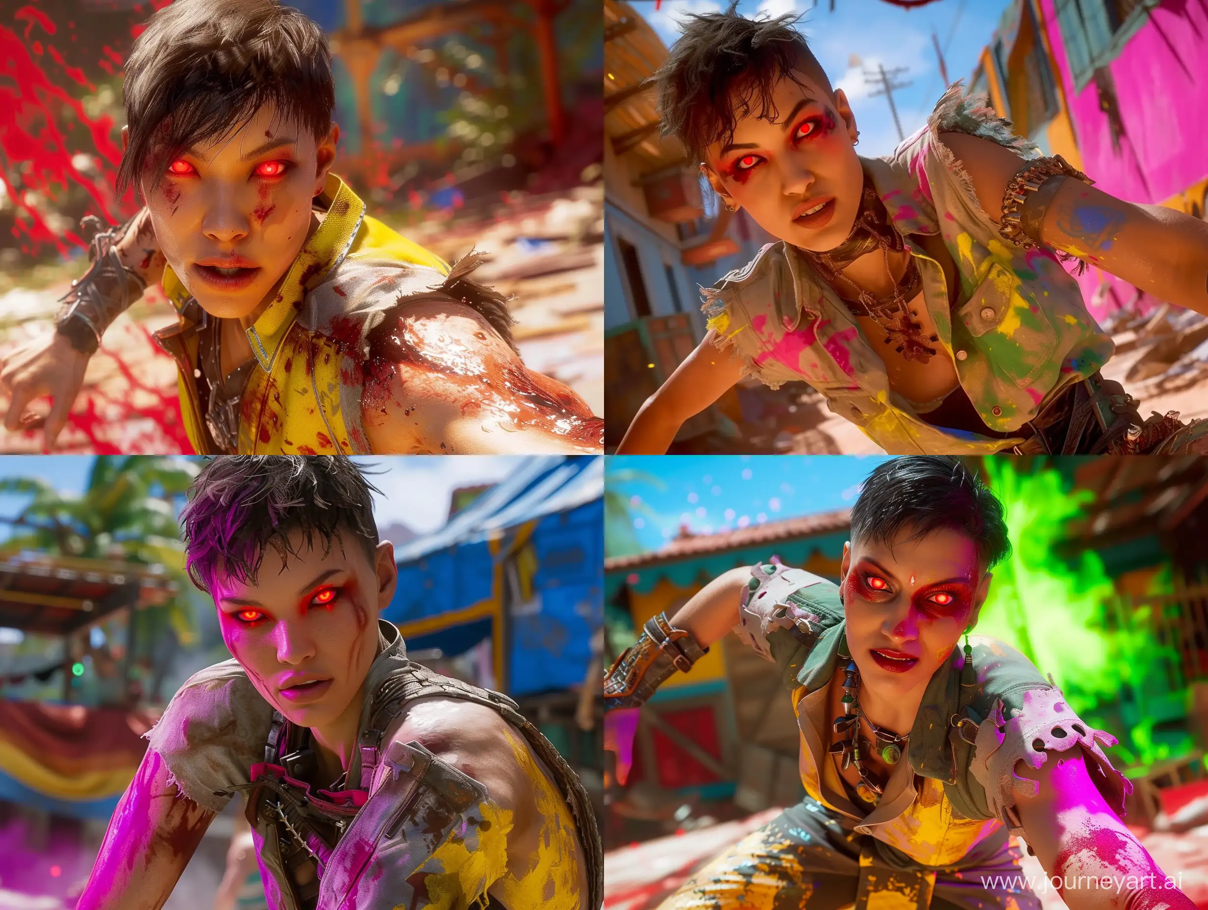 An image from Mortal Kombat 11 featuring a female character with short hair and red eyes, wearing a shirt and accessories, posing outside with vibrant colors, providing a full view.

