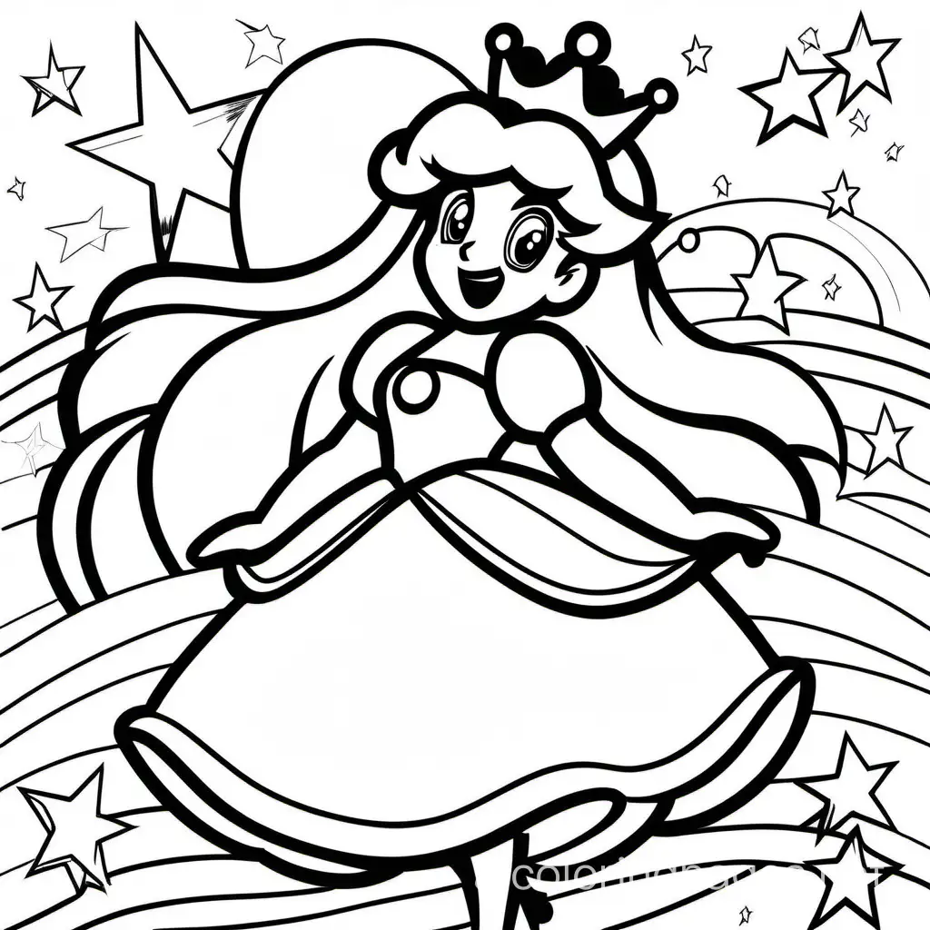 Create a coloring page for a 5 year old with lots of white space in between black and white lines. Include Princess Peach from Super Mario World with Power Moons and Super Stars, Coloring Page, black and white, line art, white background, Simplicity, Ample White Space. The background of the coloring page is plain white to make it easy for young children to color within the lines. The outlines of all the subjects are easy to distinguish, making it simple for kids to color without too much difficulty