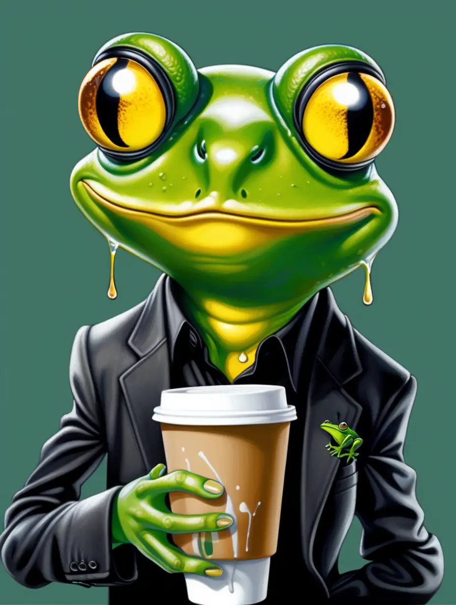 The image depicts an anthropomorphic frog character with a unique and engaging design. The frog's skin is black, adorned with vivid yellow splotches and drips that give the impression of melting paint or a dynamic, splashy texture. Its eyes are human-like, with brown irises and white sclera, and they convey a playful, confident expression. The frog has a hairstyle resembling a messy bun on top of its head, suggesting a casual, modern style.  The character is wearing a professional black shirt, hinting at a business-casual attire. Notably, the frog's right hand (to our left) appears to be holding a takeaway coffee cup, suggesting a busy lifestyle or a need for caffeine, a common theme in workplace environments. The character's pose and facial expression suggest a cheeky, self-assured personality. The backdrop is a simple, flat green color that complements the character without distracting from it.  Prompt for Midjourney: "Create an image of an anthropomorphic frog with a playful and confident demeanor. The frog should have black skin with yellow splotches that resemble a splashy, melting texture. It features human-like eyes with brown irises and white sclera, radiating a sense of cheekiness. Atop its head is a messy bun, adding a modern and casual touch to its look. The frog is dressed in a business-casual black shirt and holding a takeaway coffee cup in its right hand. The background is a flat green shade that highlights the character. The style is whimsical and vibrant, with a hint of professional charm." the frog should be a yellow banded poison frog, holding a takeaway coffee cup that says Making Coffee. the background is a chart of the stock called FRG. the chart shows its going up in value