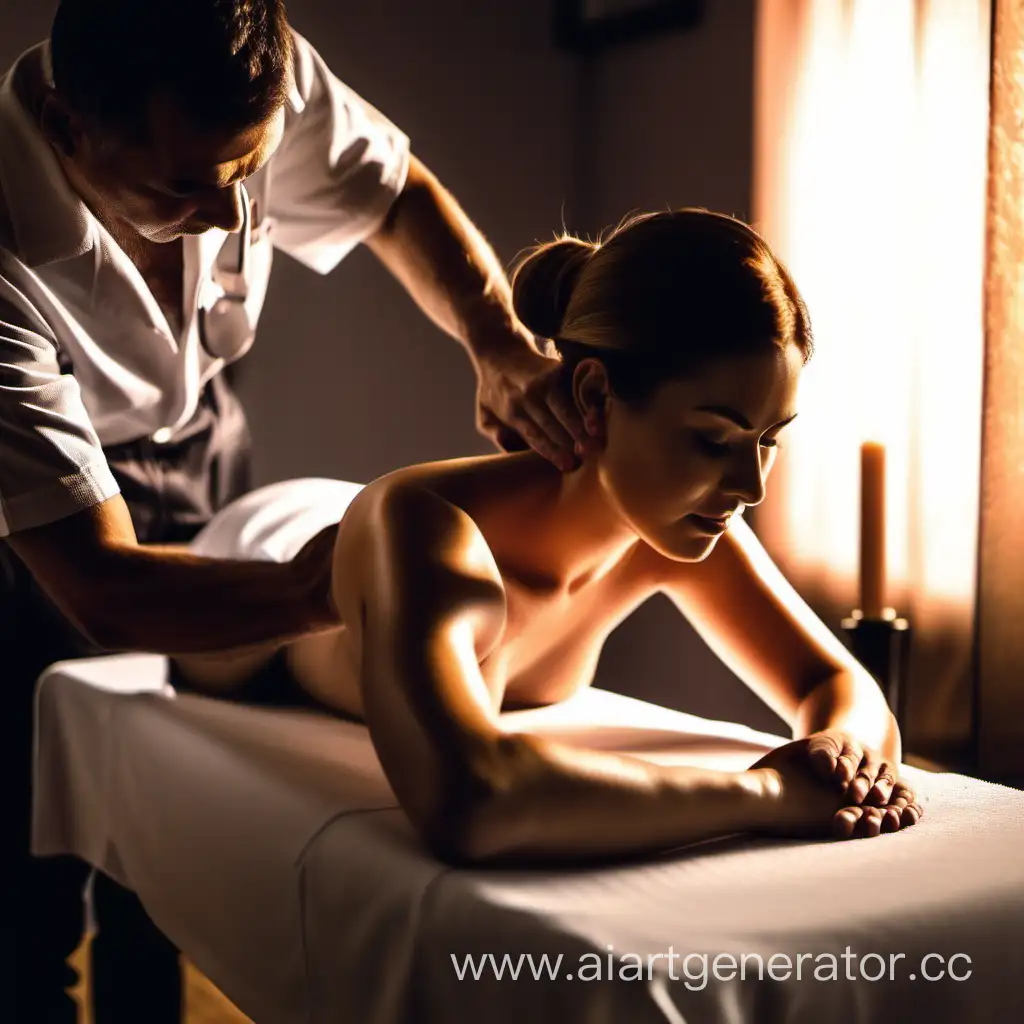 Массажист делает массаж девушке в салоне, очень атмосферно и красиво