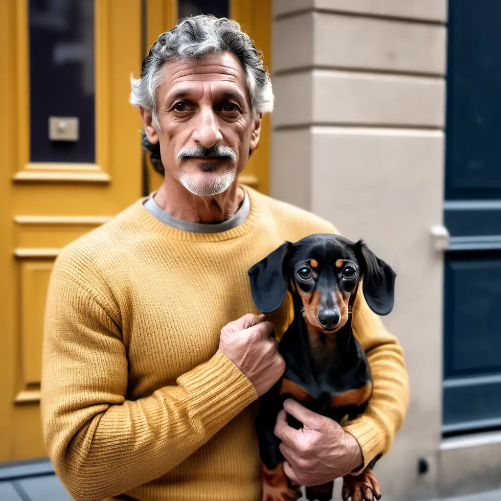 Handsome man and role model in his 60s, fit and healthy. Dark brown hair with gray streaks and a little curly in the neck, dark eyes, light brown skin. He has stubble and a slightly longer moustache. Trendy clothes in mustard yellow colors, long sweater that shows his muscles a little. He has a black cute dachshund puppy holding the dog in a yellow leather leash with gold details. The man is posing outside an red art gallery in paris. Looking into the camera with emotional eyes. Photorealistic.