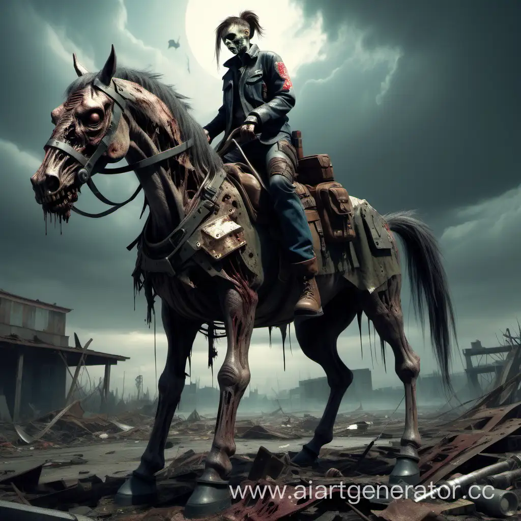 Персонаж постапокалиптического мира зомби на зомби коне в полный рост