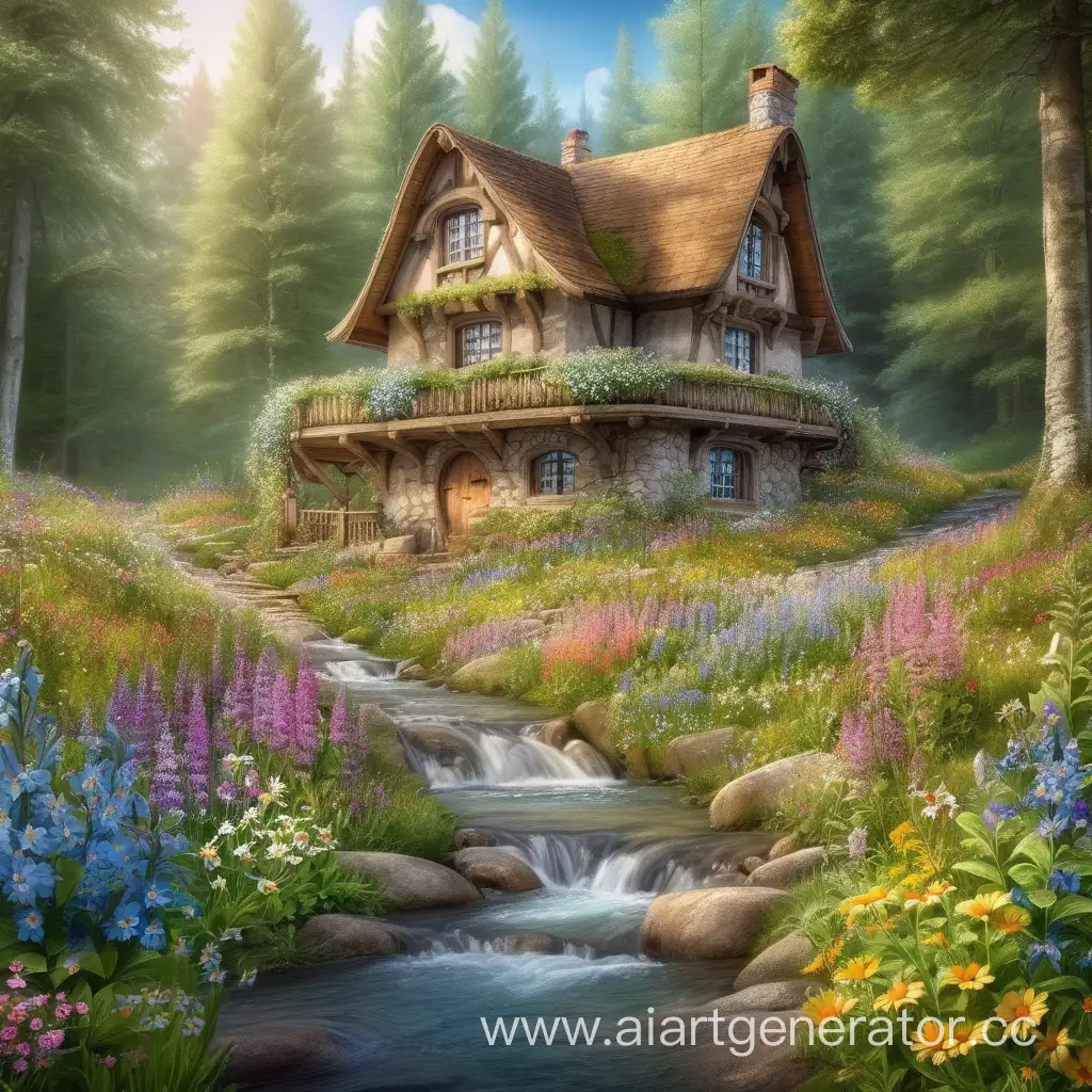 Сказочный одноэтажный дом осыпанный полевыми цветами. Находящийся в лесу у ручья.