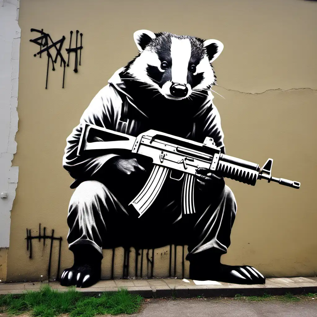badger with an ak 47 done like Banksy