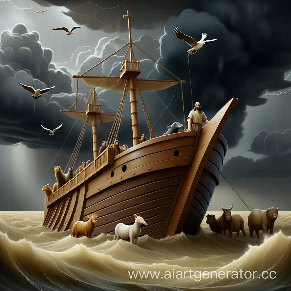 The flood, the Ark is floating in the middle of the sea, there are many different animals and birds on the ark, there are no masts and sails on the ark. Noah is standing at the bow of the ship. The sky is frowning, it's raining. Everything is painted in the style of oil painting and looks very naturalistic. Expression, realistic style. 8K

