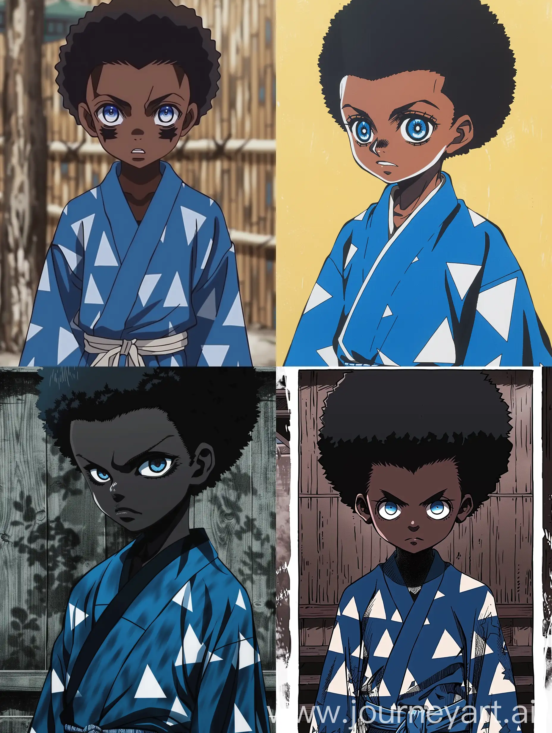 screencap kimetsu no yaiba panel of a black boy with a buzz cut afro, black skin, wearing a blue haori with white triangle patterns and having blue eyes, looking like an African American