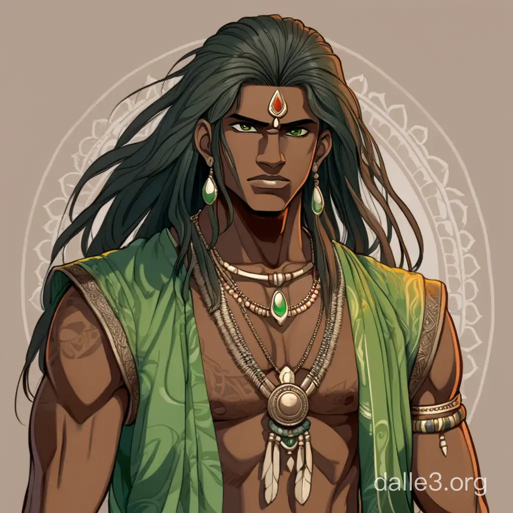 выполнено в аниме стиле. мужчина. темнокожий. неухоженный. одежда в древнеиндийском стиле. зеленая одежда.