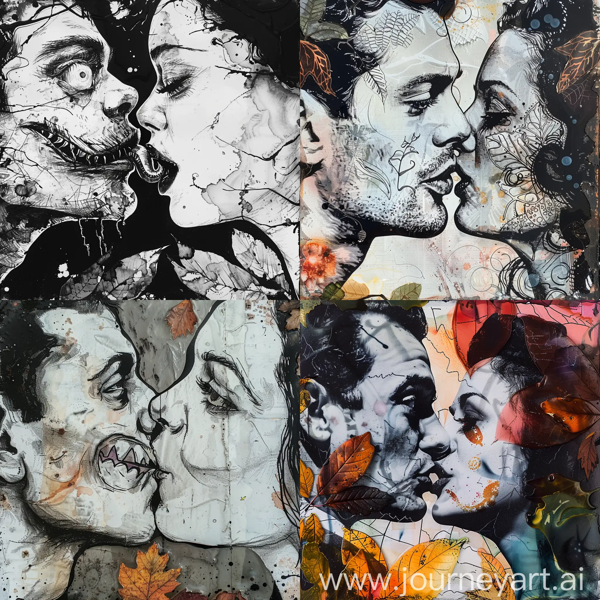 сюрреализм, close up man and woman portrait, kiss, листья монстеры, эмоции, collage post punk, ink outlines, спиртовые чернила, old school
