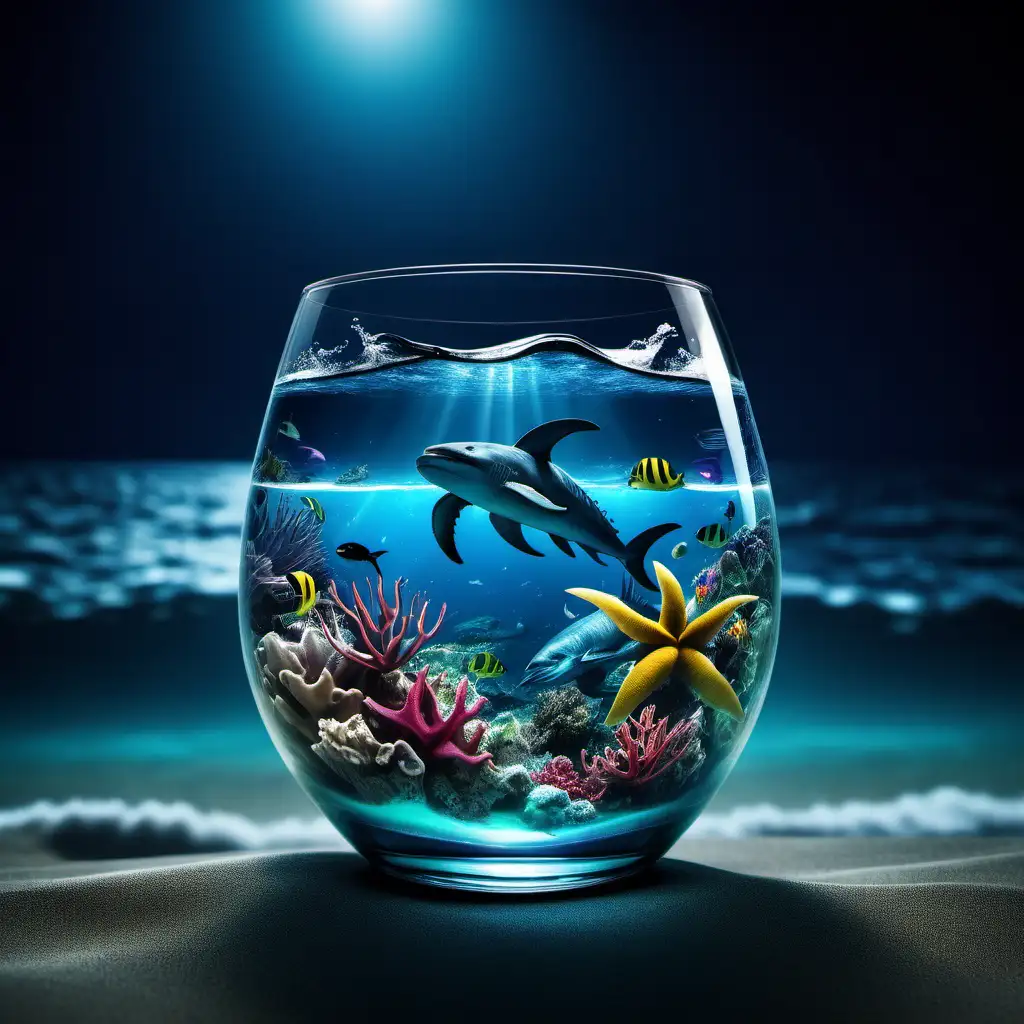 The ocean in a glass at midnight with beautiful tropical/caribbean underwater scenery