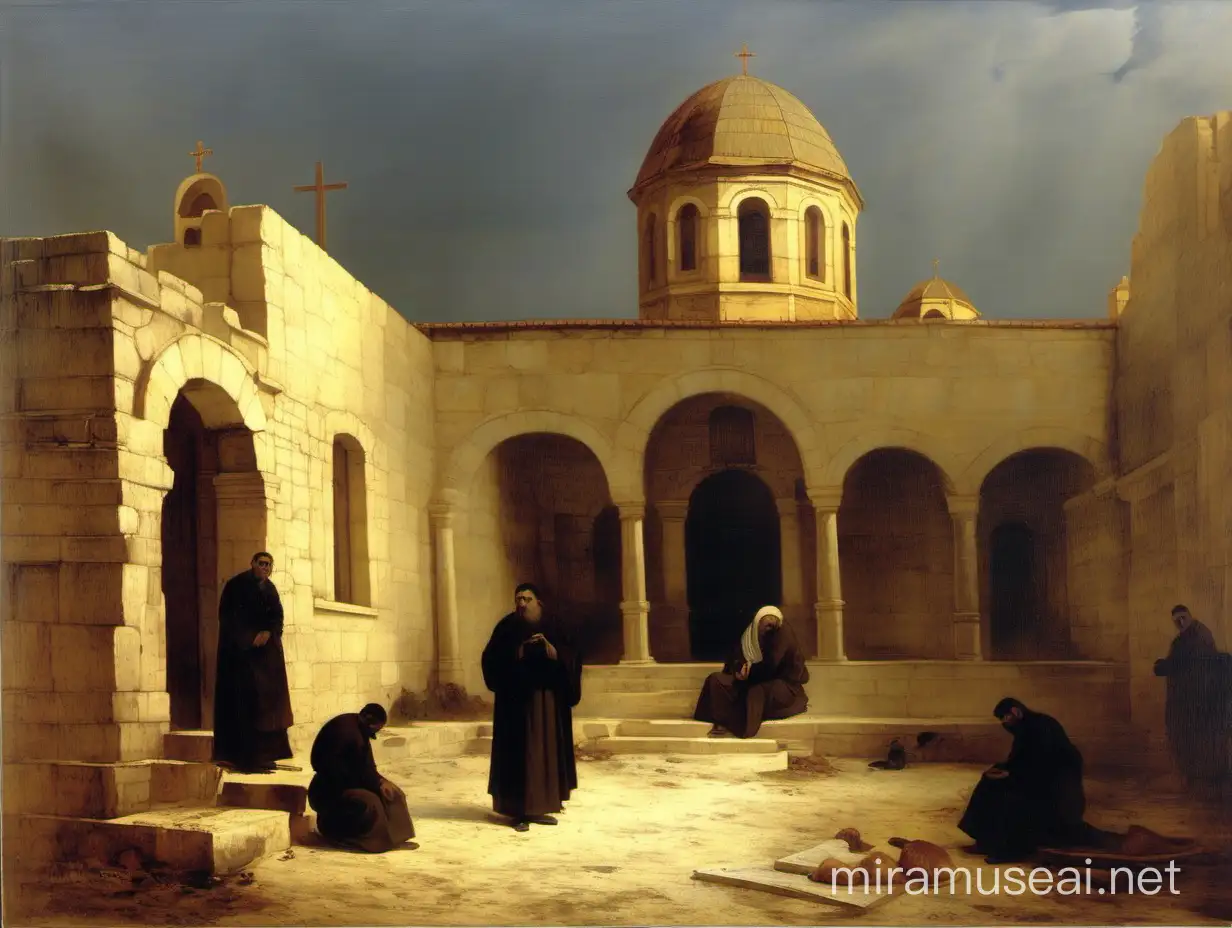 Arkadi Monastery Painting by Pachis Charalambos Tranquil Scene with Oval Borders