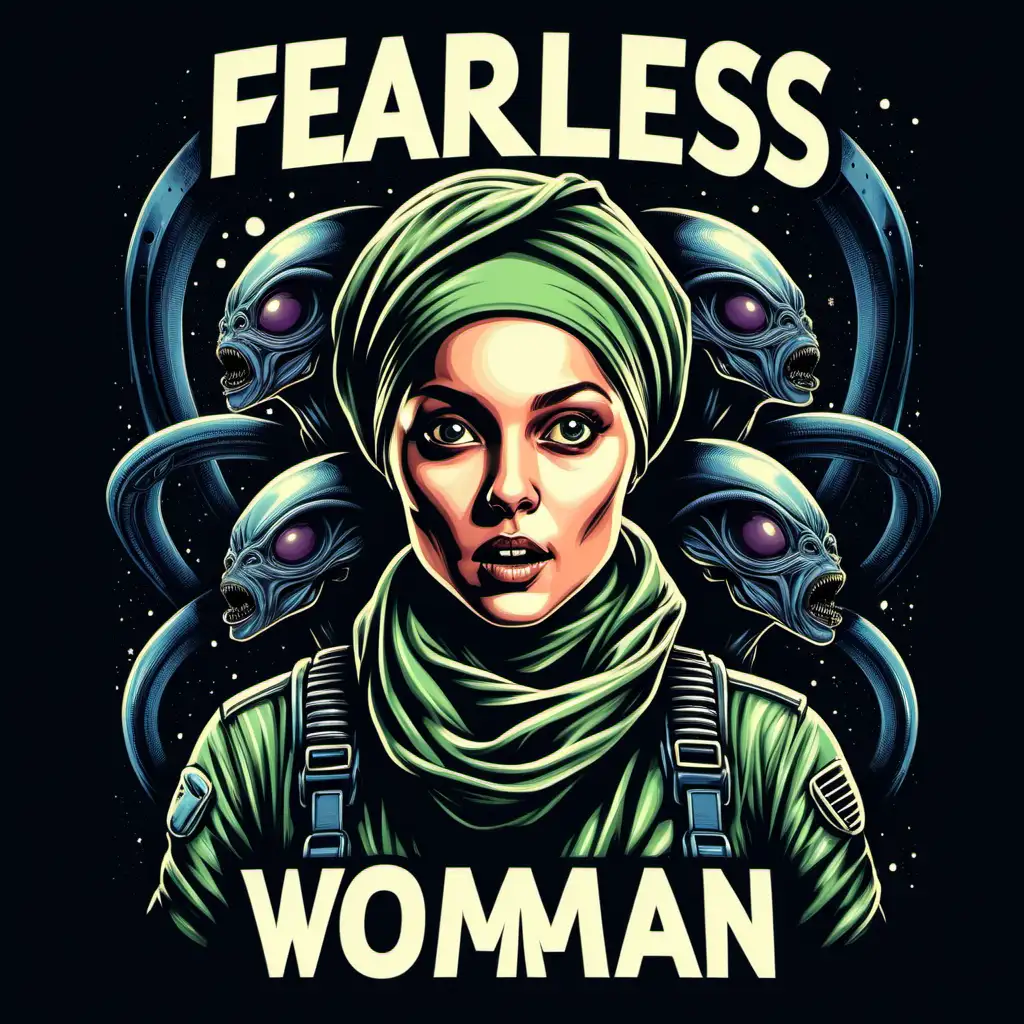 tshirt design, fearless woman breaking through barriers wearing a headscarf and fashoined on Lt RIpley of Alien movies