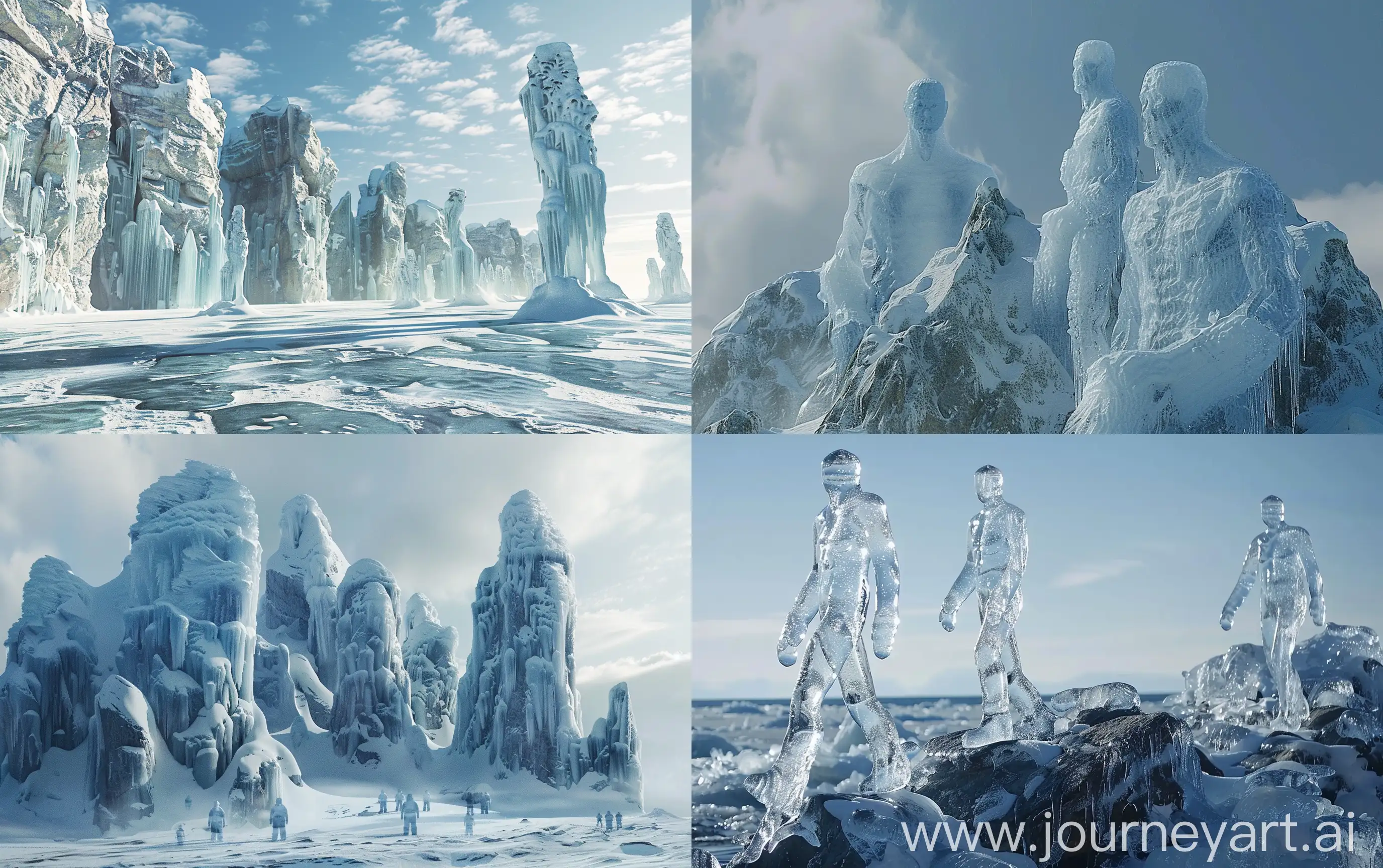Icy mountains, icy rocks shaped as human figures, realistic --ar 16:10