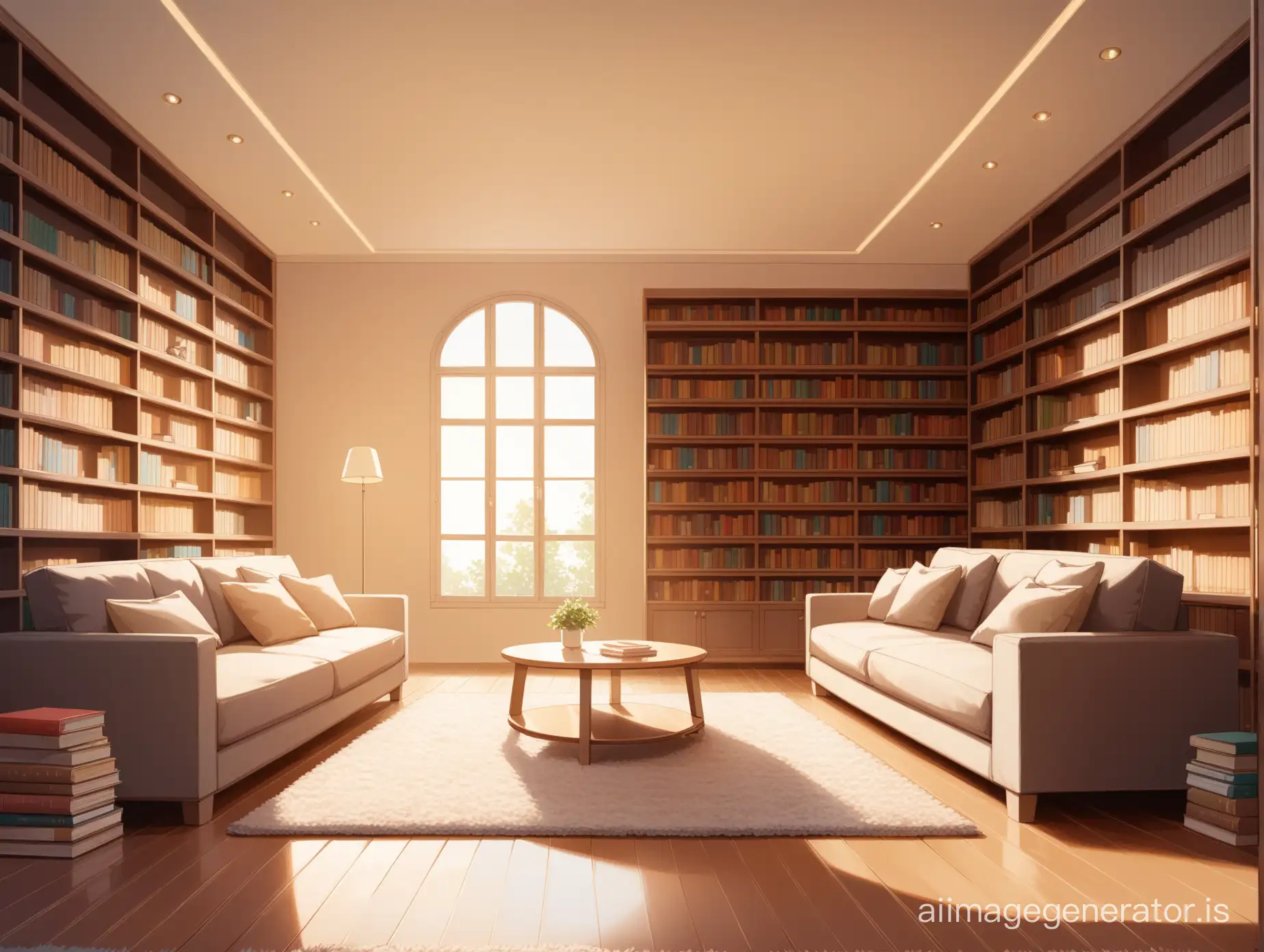 a cozy living room, the furniture and floor, a comfortable sofa with plush cushions, a bookshelf filled with books, decorative objects, vanishing point