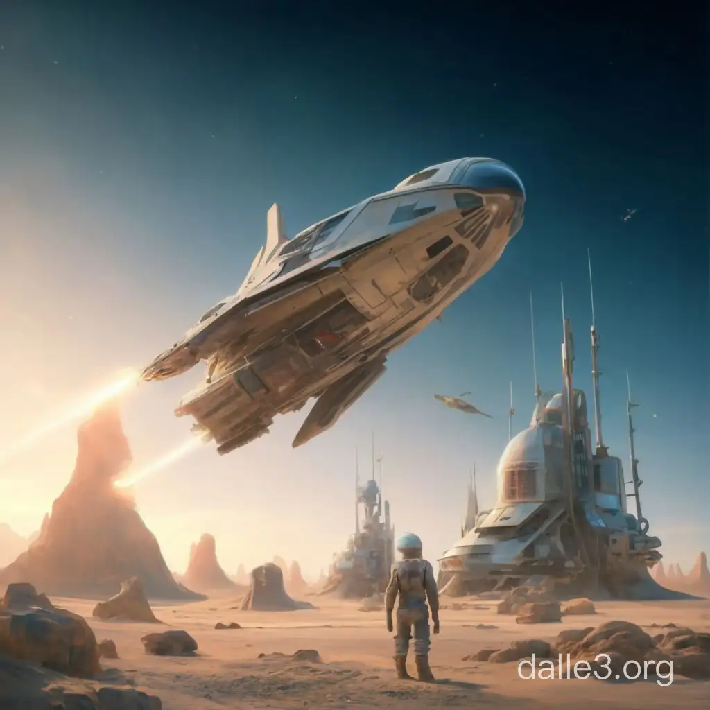 show me a huge spaceship flying at about 500 meters over an alien planet with jetpack equipped astronauts flying out of a hatch down to the surface of the planet towards a set of gleaming habitats.