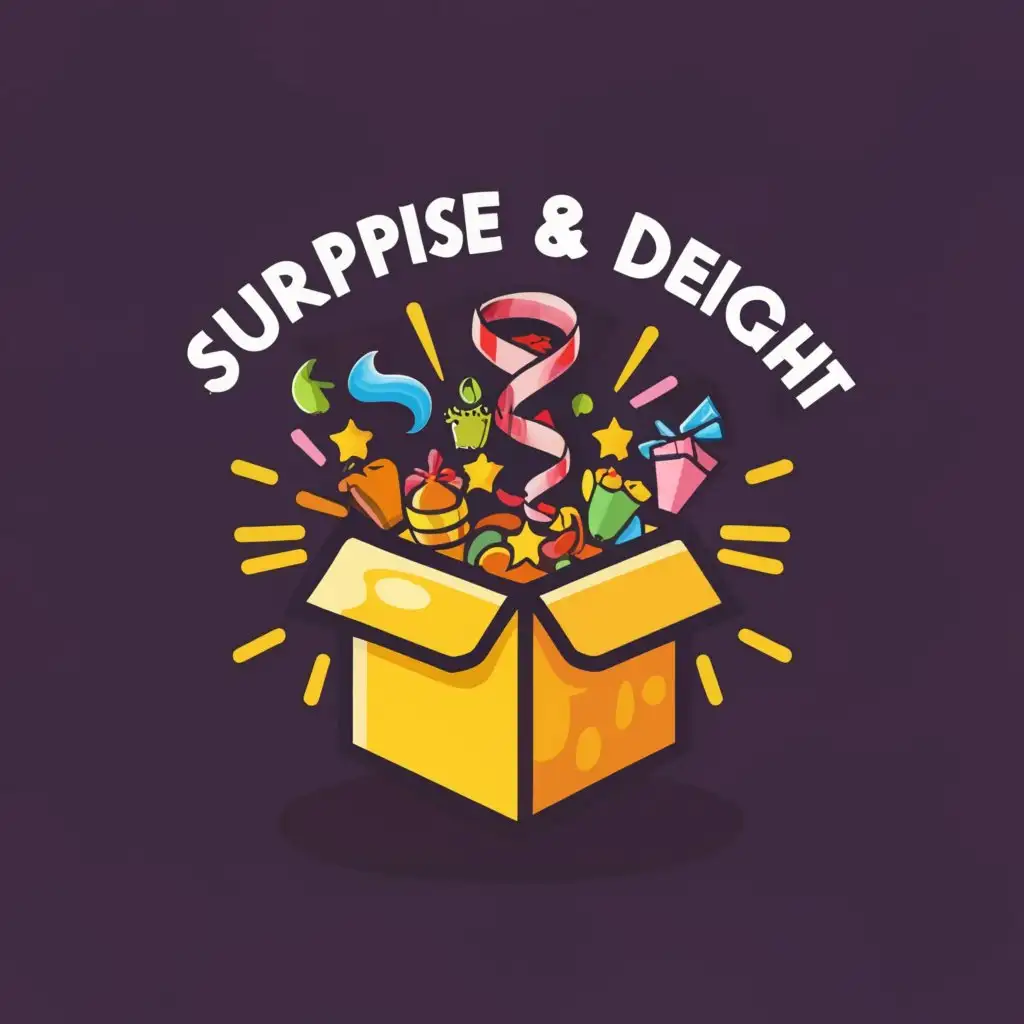 a logo design,with the text "Surprise & Delight", main symbol:a surprise box icon with a ribbon being untied to reveal a burst of colorful items.,Moderate,be used in Retail industry,clear background