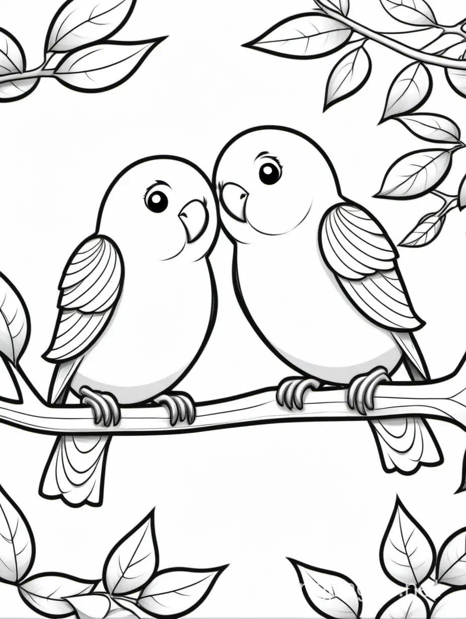 Love birds on a tree branch, Coloring Page, black and white, line art, white background, Simplicity, Ample White Space. The background of the coloring page is plain white to make it easy for young children to color within the lines. The outlines of all the subjects are easy to distinguish, making it simple for kids to color without too much difficulty