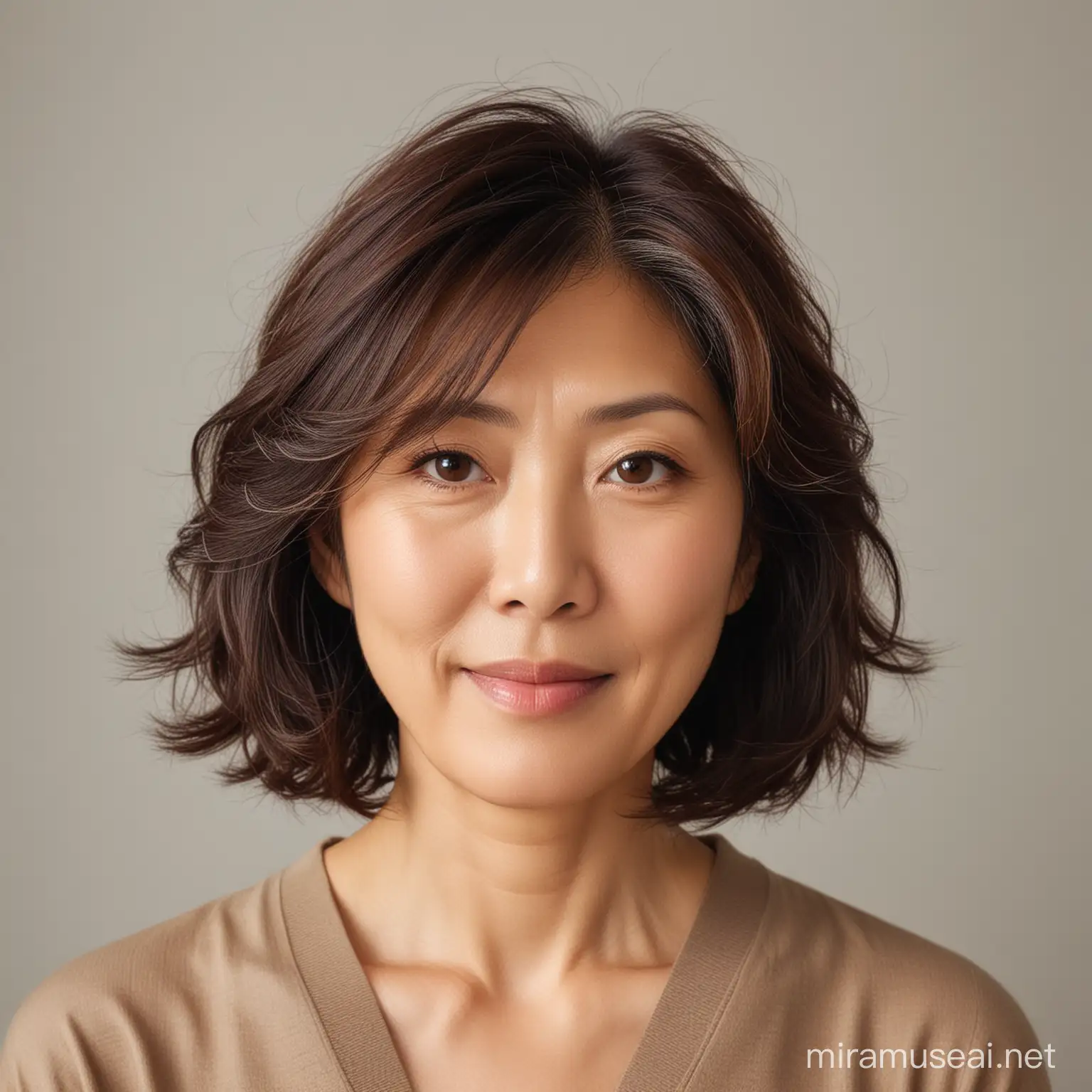A Japanese woman in her fifties with wavy dark brown hair, neck-length and caramel-colored eyes.