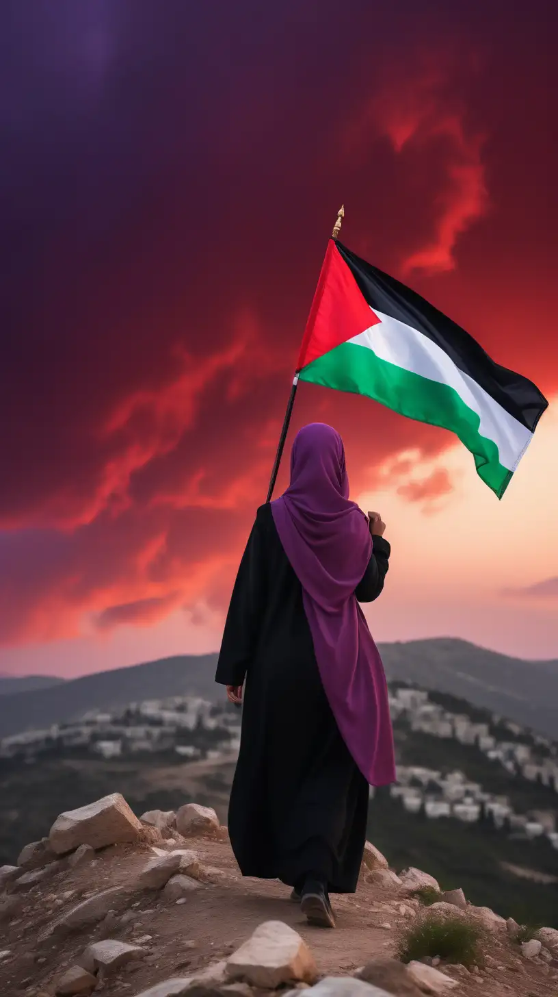 Muslim Woman Wearing Jacket Standing on Mountain Hill, Carrying Palestinian Flag. At Sunset Dusk. Red to Purple clouds. Very beautiful