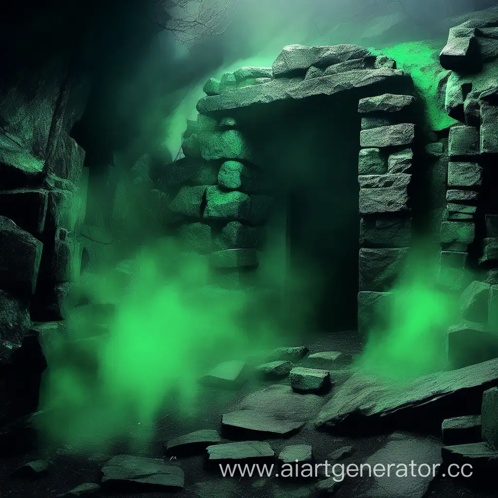 entrance to the dungeon stone doors green fog creeps out of them current fog on the ground inside dark dungeon in the rock
less rocks more earth
