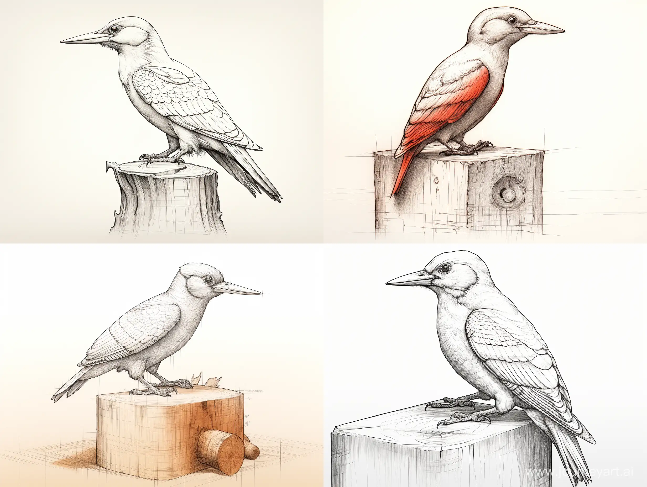 Professional sketch for wooden sculpture, a full-length woodpecker standing in profile on a large wooden cube, professional dynamic character, wood carving, ready for battle 3d, white background, 8k Render, ultra realistic