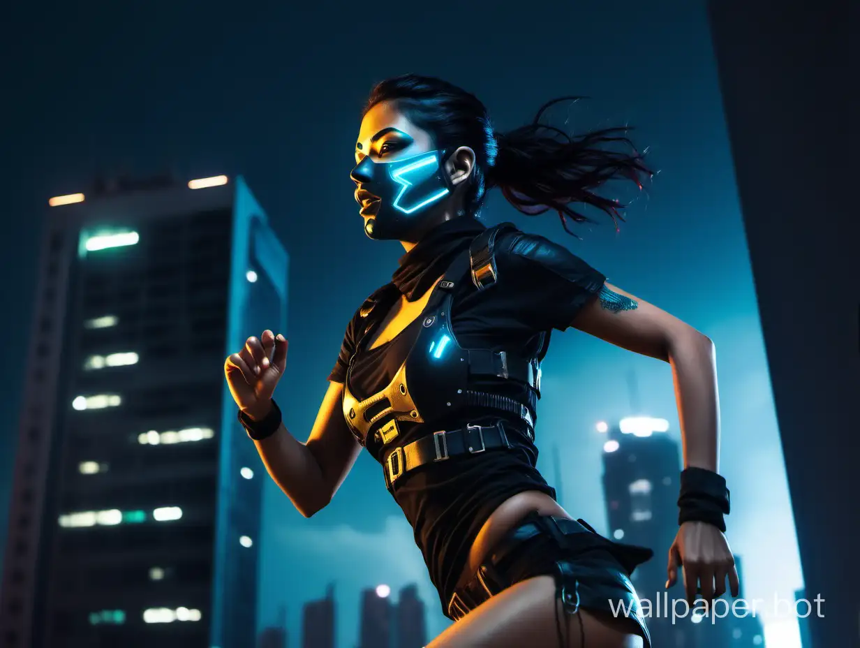 Glowing body of Indian Female mouth mask half humanoid body, running at top of Cyberpunk building in night at Cyberpunk City, side angle view