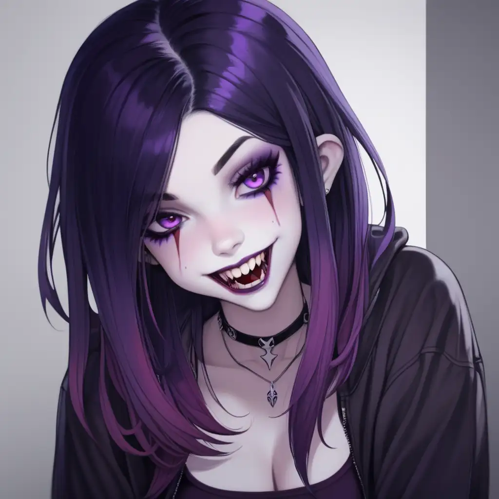 thick girl, white girl, alternative looking, subtle vampire teeth, purple and black hair