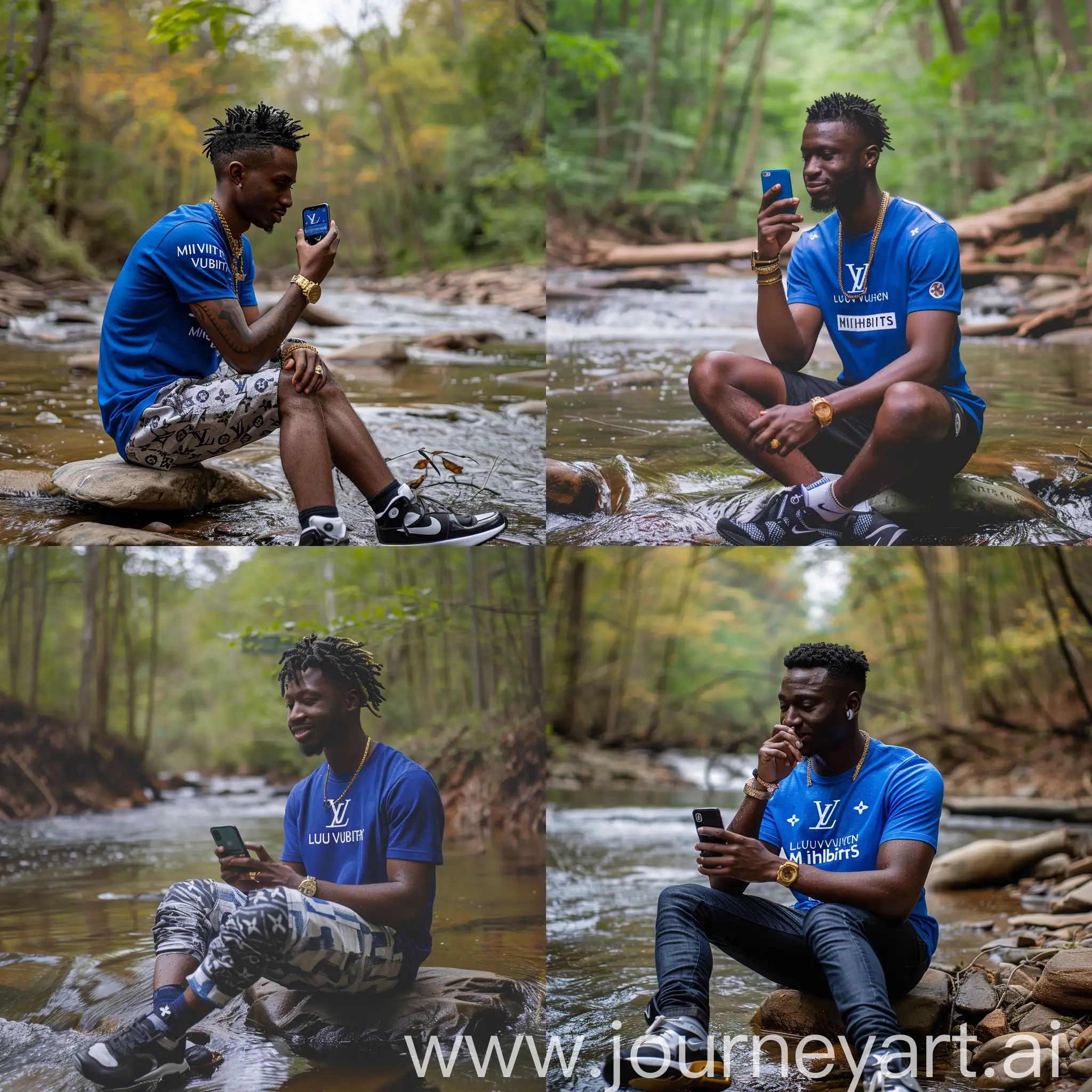 Young-Man-Relaxing-by-River-in-Forest-Smiling-at-iPhone