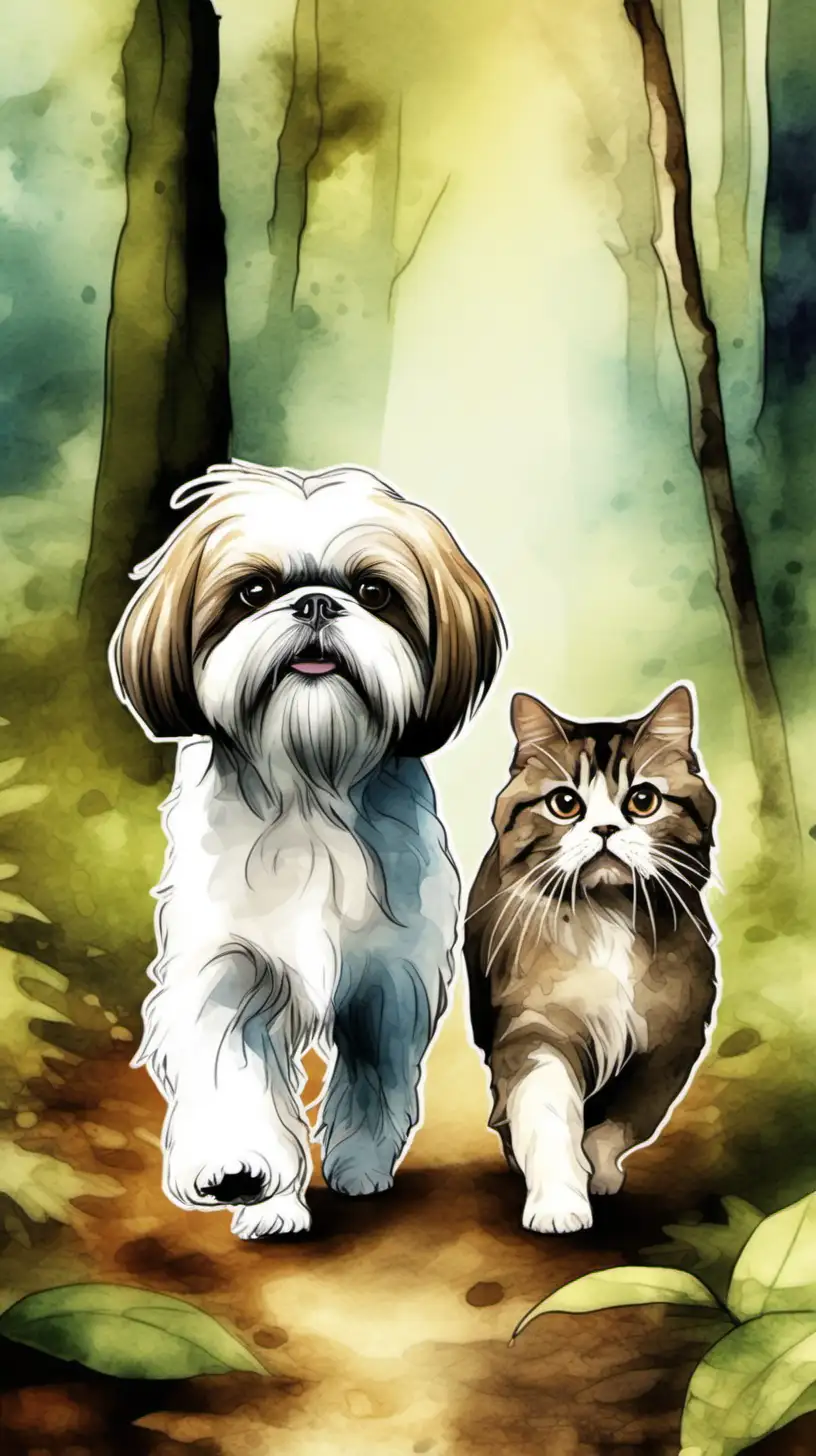 Create an image for a children's book of  of a white and brown shih tzu dog and an old cat walking on the forest, use watercolor style