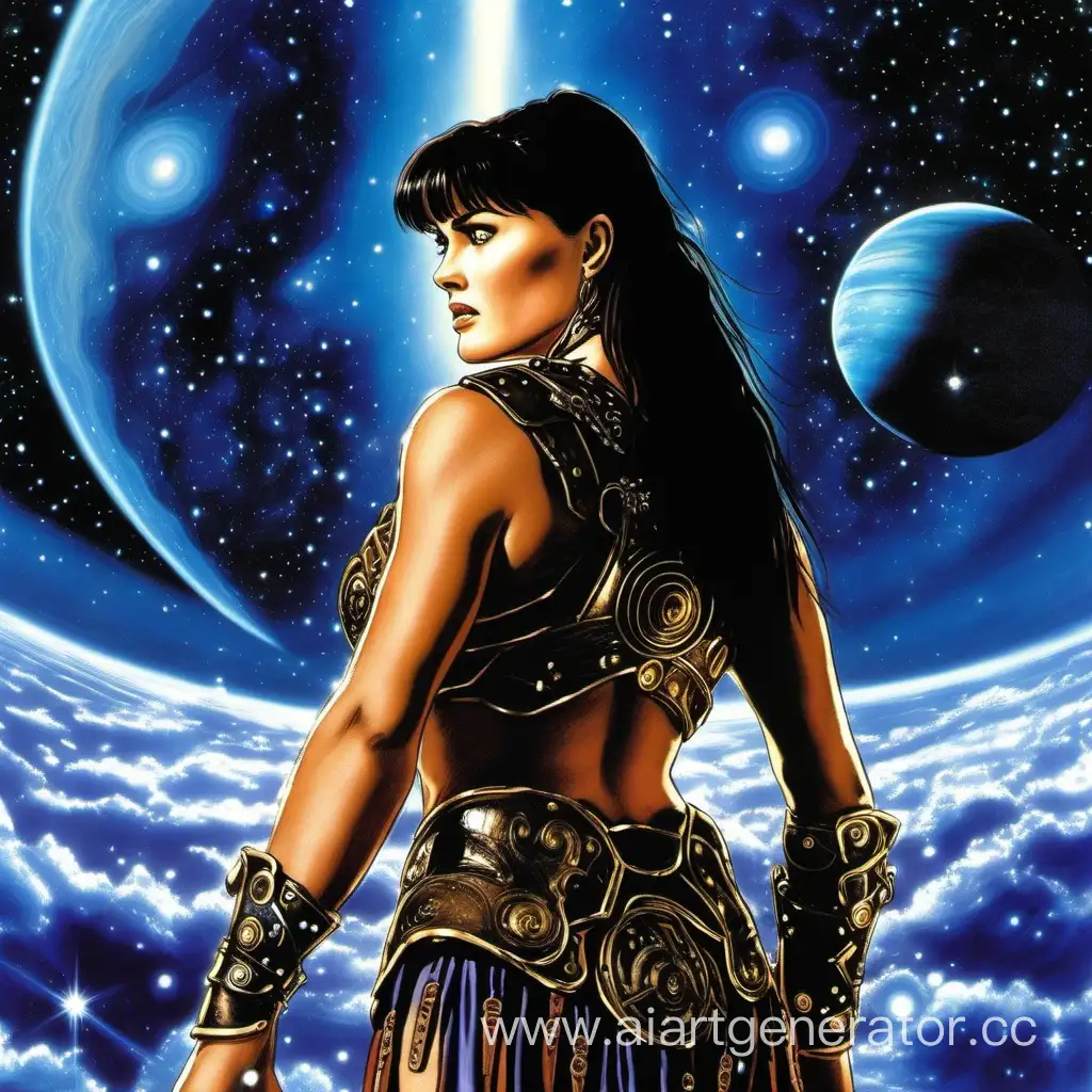 Xena Warrior Princess looks at the Birth of Liquid Pleiades, Saturn in the sky