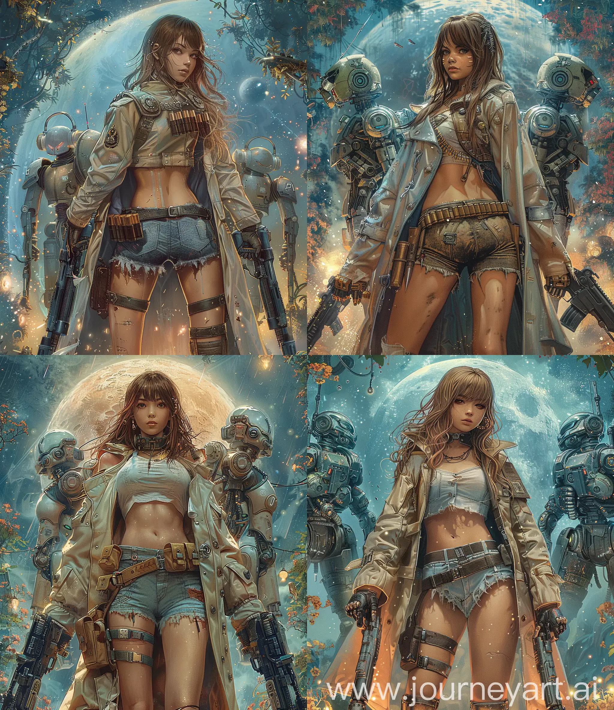 <https://s.mj.run/qXt1En2GZeM> ultra detailed visually rich concept art illustration of a young woman bodyguard, short shorts mini topic and a long raincoat armor and ammunition with two robots, created with main focus on cybermechanical and magical overgrown planet in space sky, (((candid photography)))), luminous and enchanting, dark and eerie, illuminated dark fantasy realm, (((rule of thirds))) intricate details, subtle colors, fantasy realm, (((dynamic pose)))) --v 6.0 --ar 13:15 --s 500