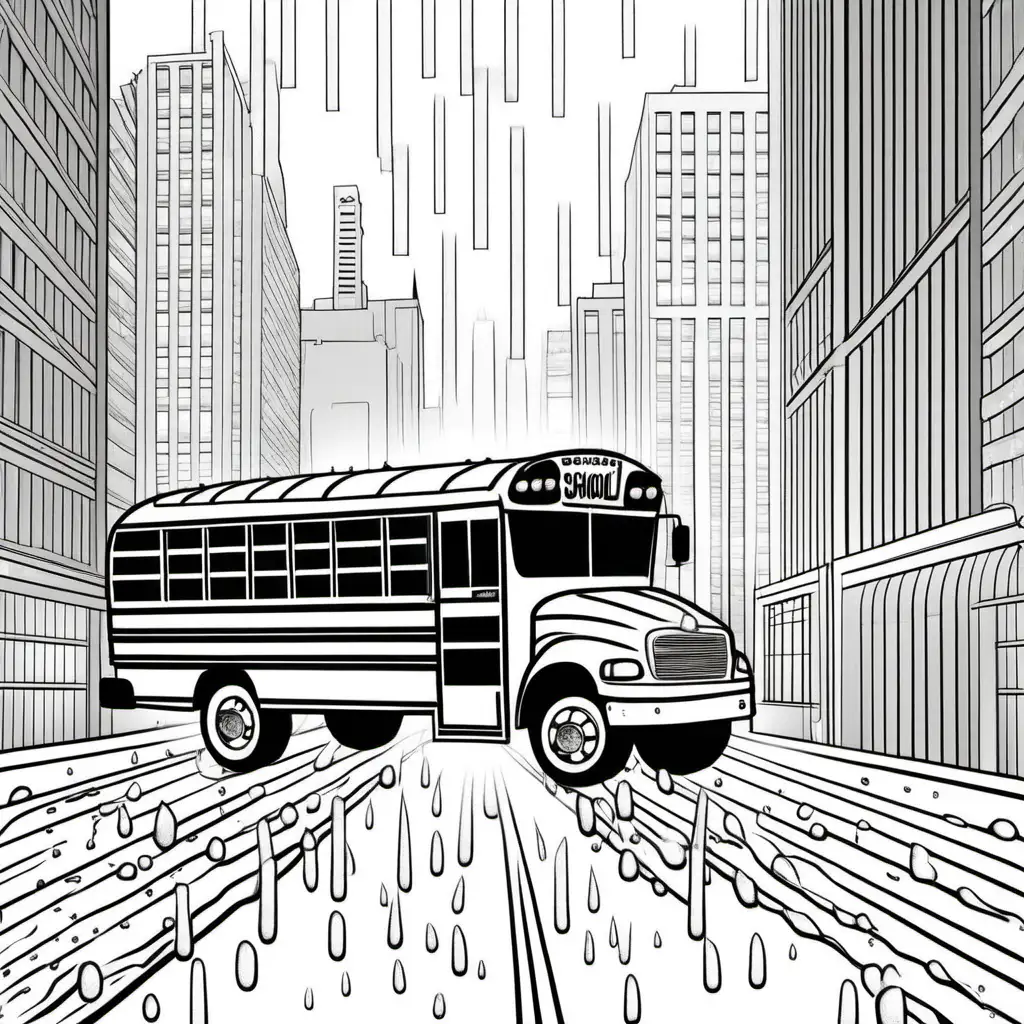 coloring page for adults, school bus, under the rain, cartoon style, low detail, thick lines, no shading, normal, -- ar 9:11