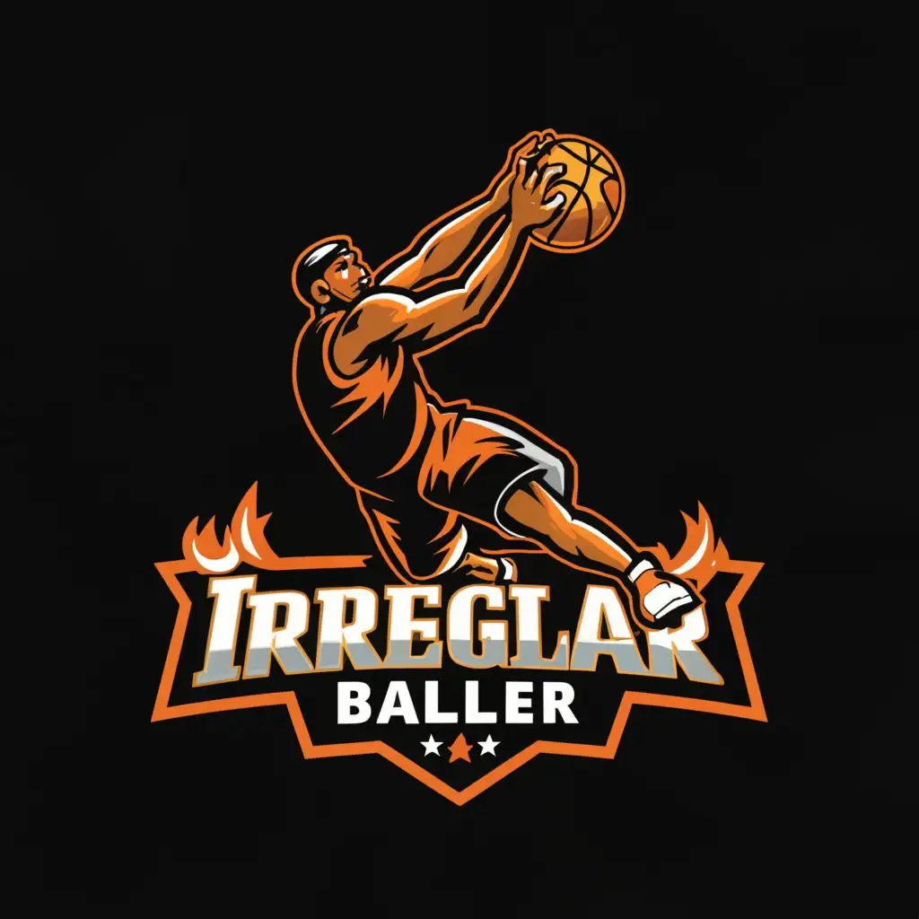 a logo design,with the text "Irregular Baller", main symbol:A player dunking a basketball 🏀,complex,be used in Sports Fitness industry,clear background