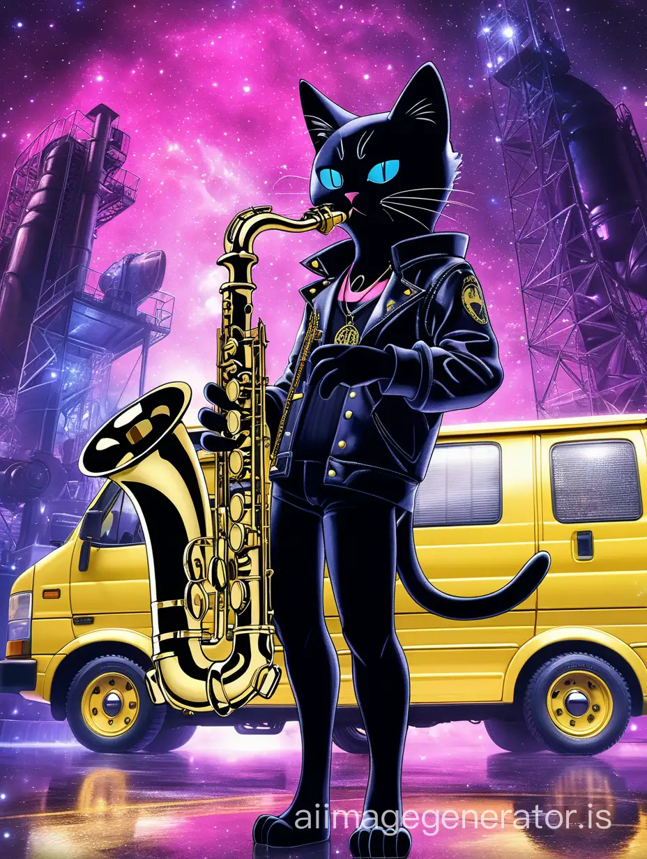 Warriors Sega digital fan art deep galaxy black cat, standing infront of a big van, playing a shiny gold wrapped saxophone, gloomy magical industrial background, use blue and pink colors, anime cartoon