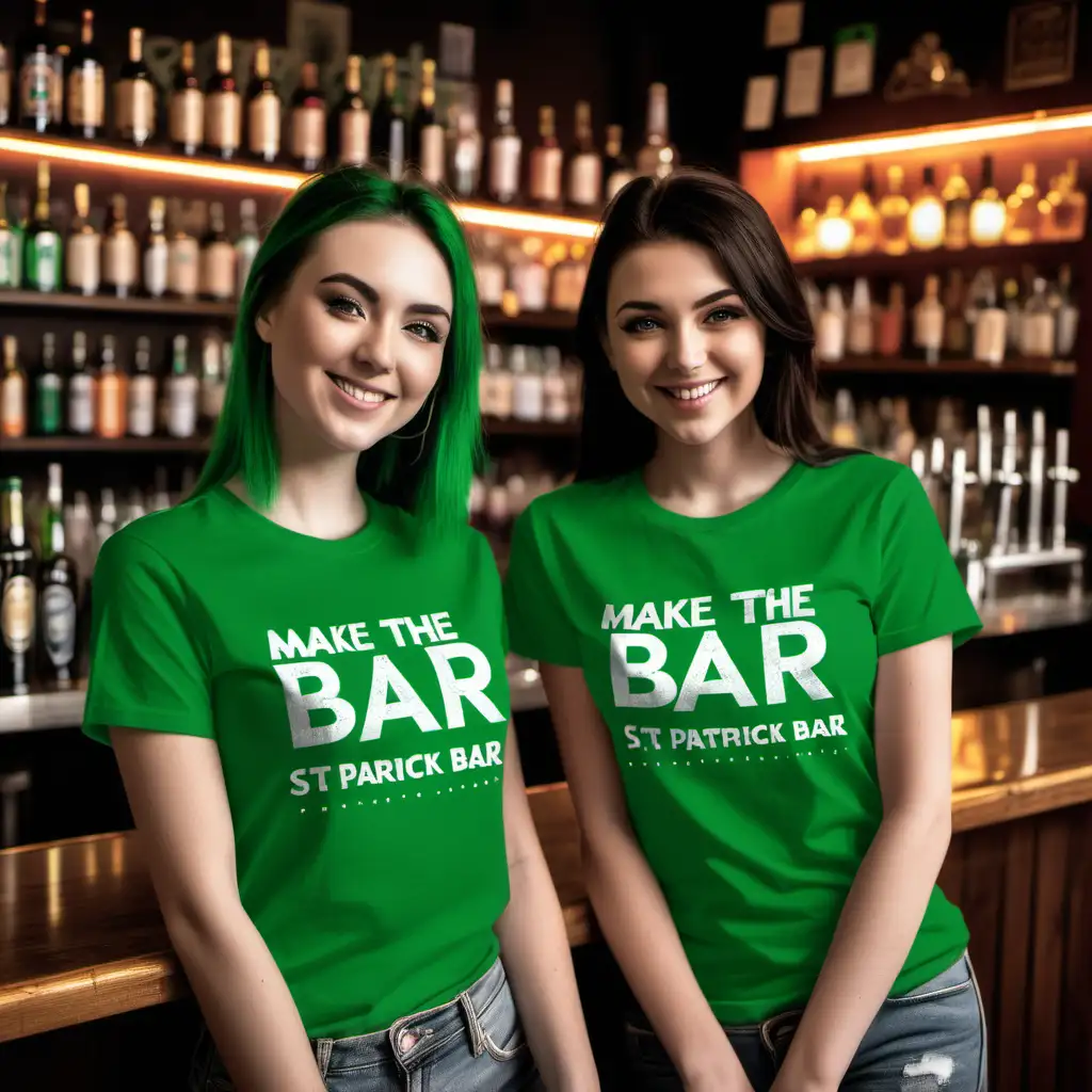 A tshirt mockup featuring two girls at a bar. Make the bar decorated for st patricks day.  Each girl should have a different color shirt