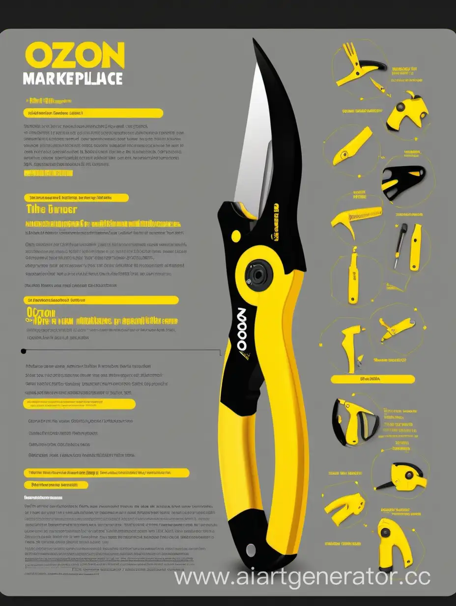 карточка товаров для маркетплейс ozon, инфографика, секатор с желтой ручкой, на черно красном фоне с элементами желтого цвета