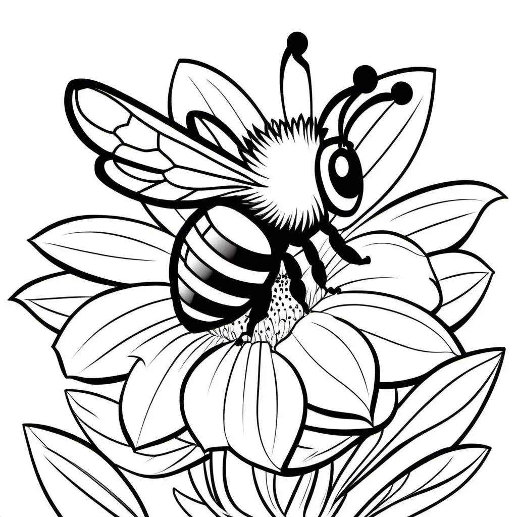 Cartoon Bee on Flower Coloring Page Simple Line Art for Kids