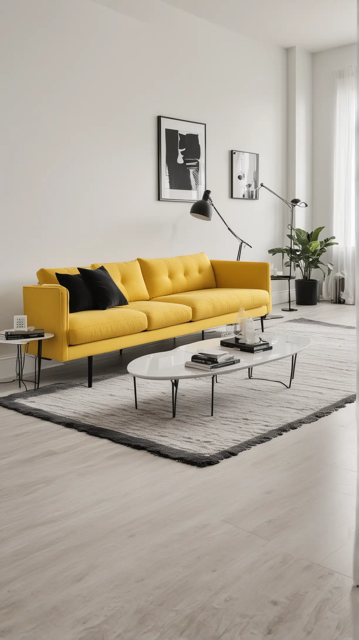 A minimalist living room with a bright yellow couch, black and white accents, sleek modern furniture, and subtle textures. Highlight simplicity and elegance in the space.