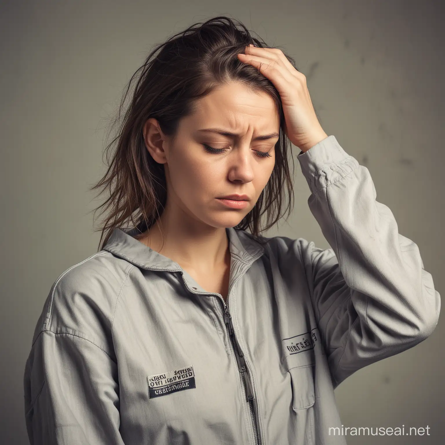 a woman in prison who has head lice; scratching her head and looking sad; wearing a prison jumpsuit