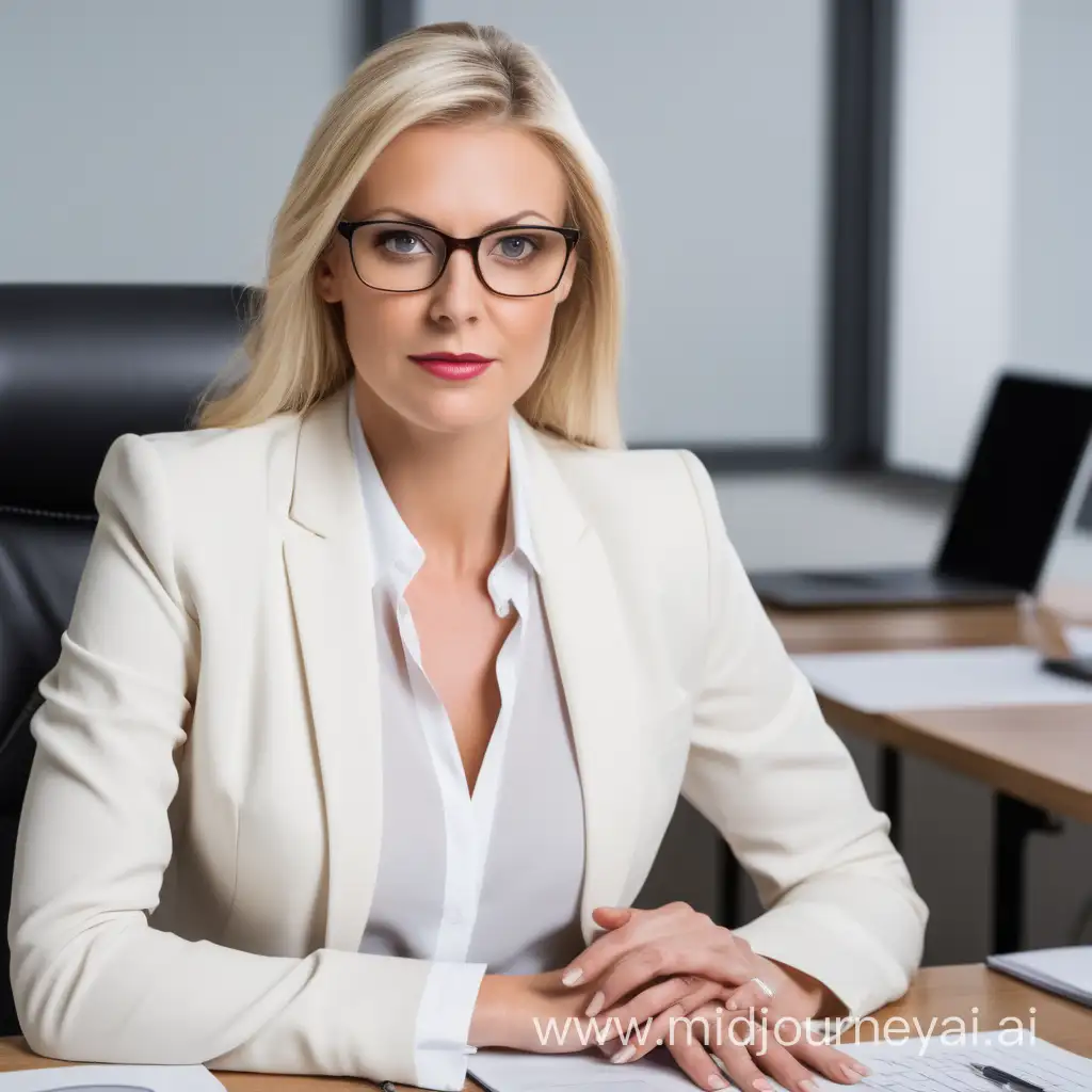 blonde woman mid 30 business wear white blouse with jacket on with glasses sitting at desk

