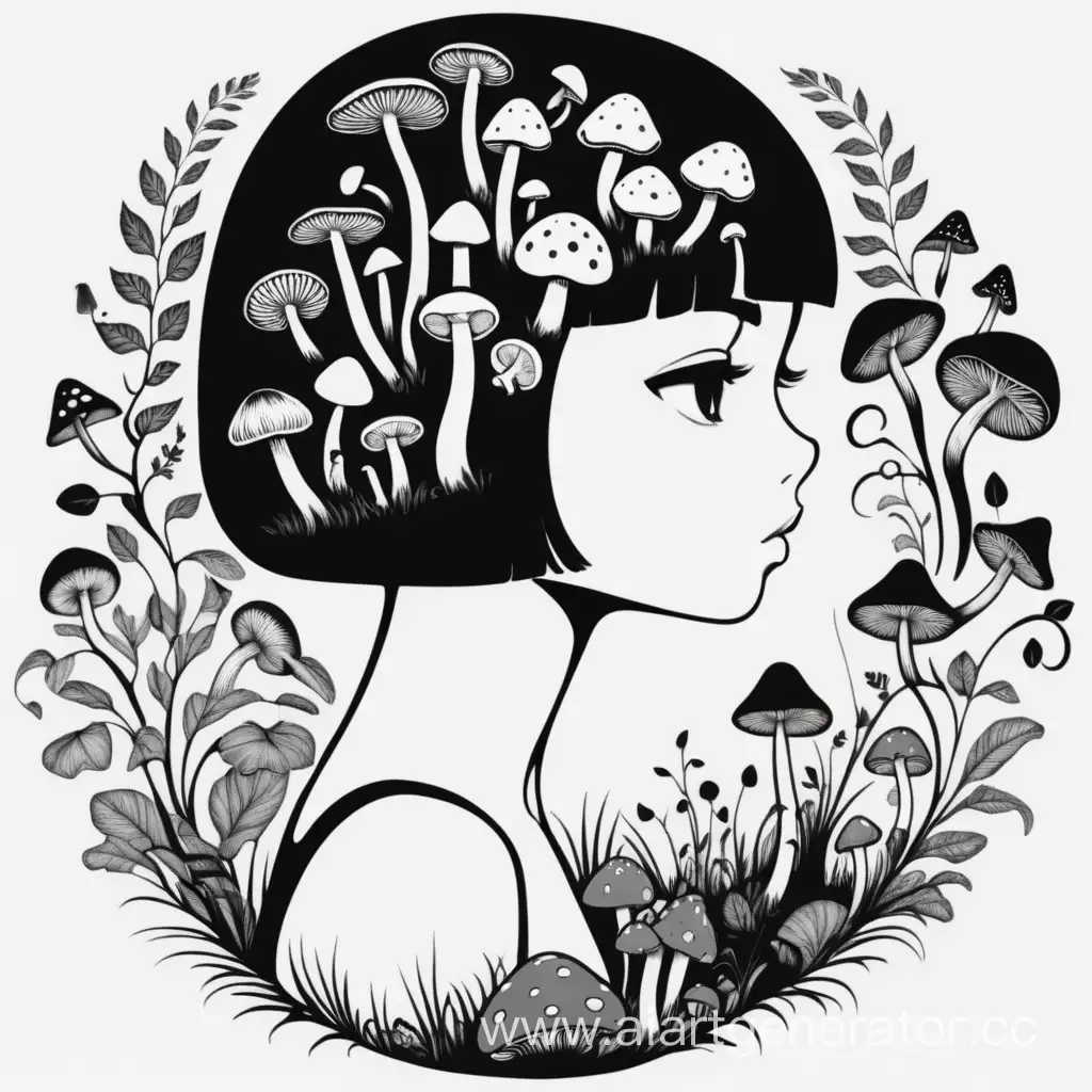 Logo, a girl with a mushroom in profile, around tree leaves and various mushrooms, there are the letters “A” and “K”, short black hair, black and white picture