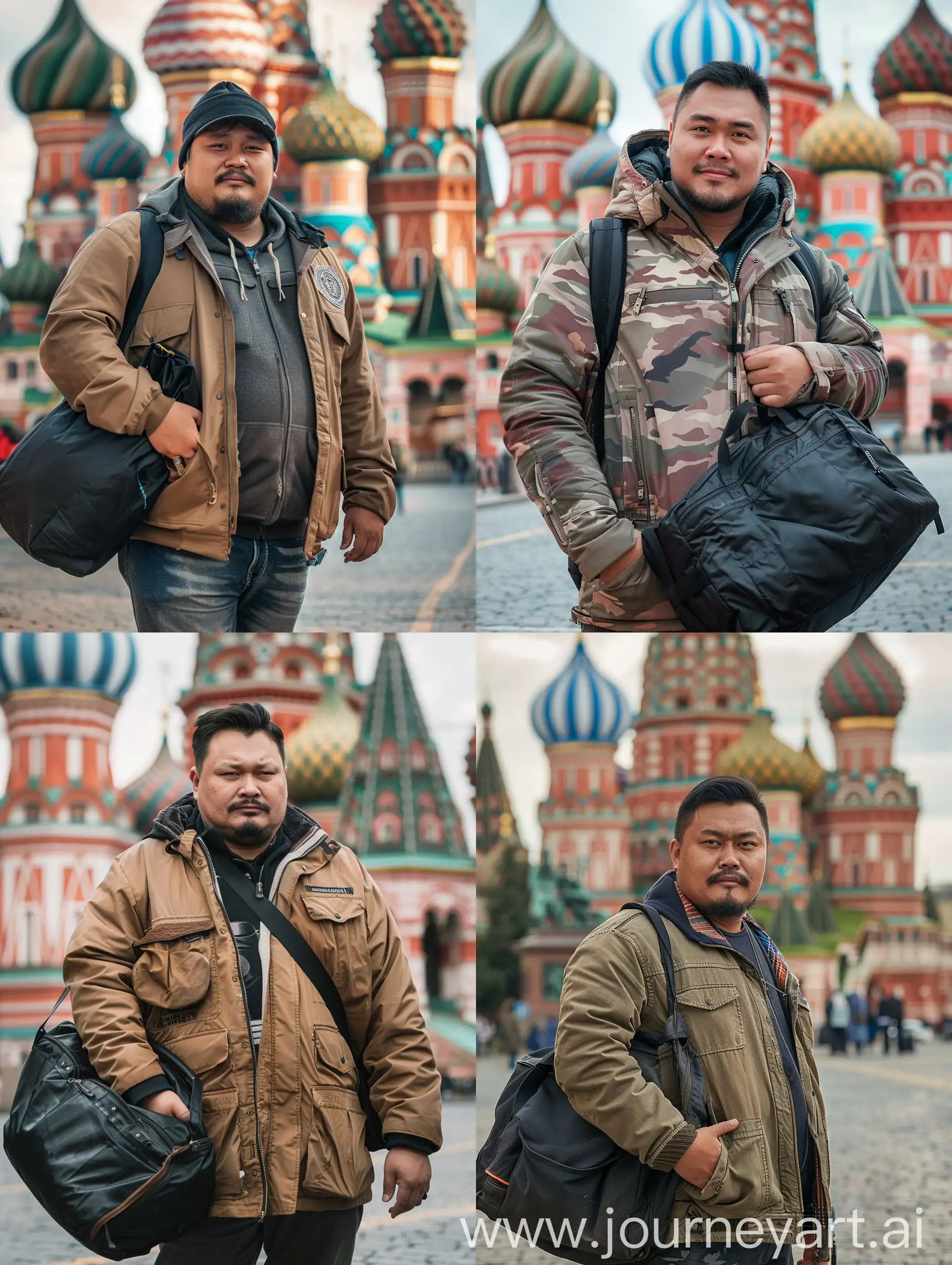 photo portrait of a handsome 35 year old Indonesian man with ideal fat body, Moscow, Saint Basil's Cathedral, wearing a trucker jacket and large black bag, original photo