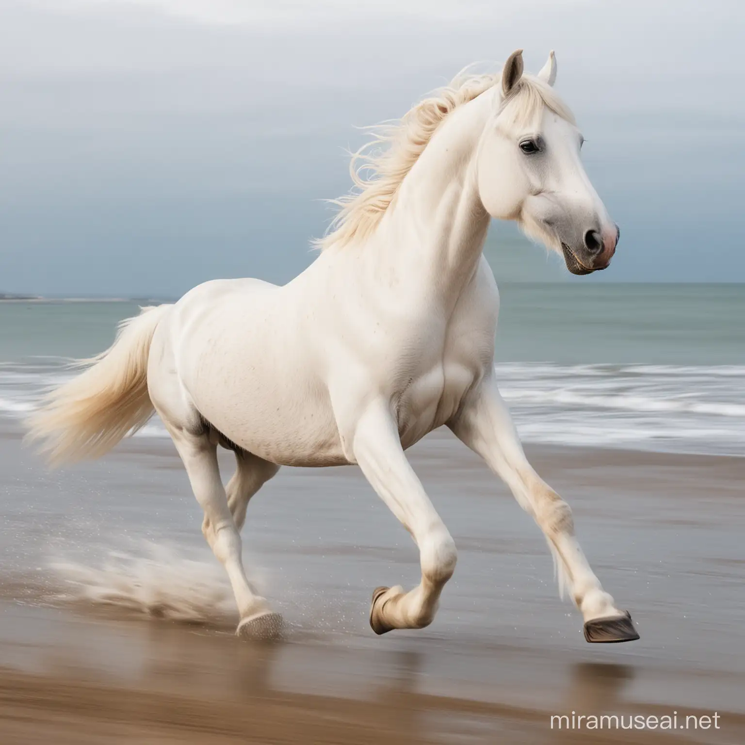 Graceful White Horse Running on Sandy Beach at Sunset