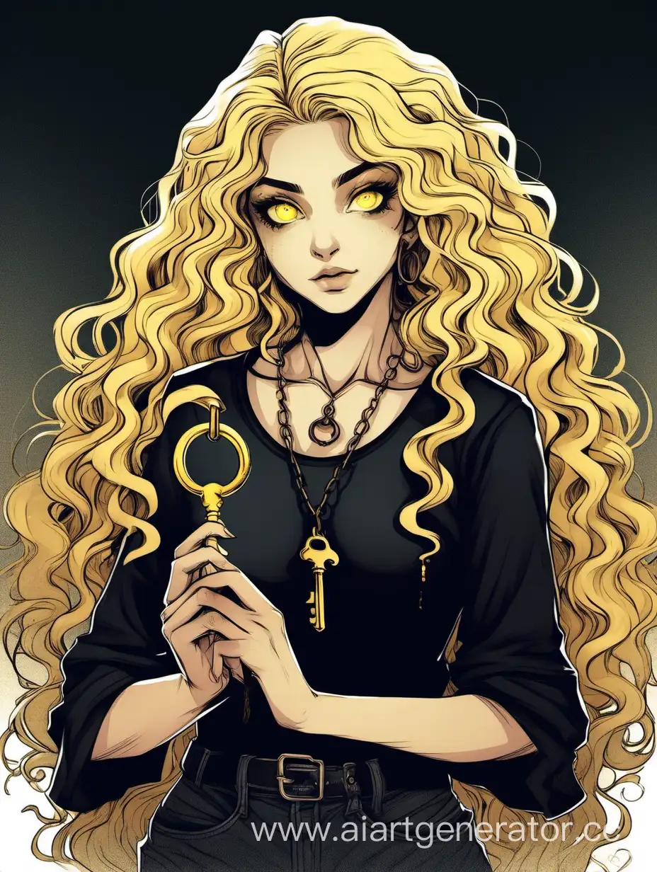 Ведьма в черной футболке с ключами в руках, блондинка, кудрявые волосы, желтые глаза