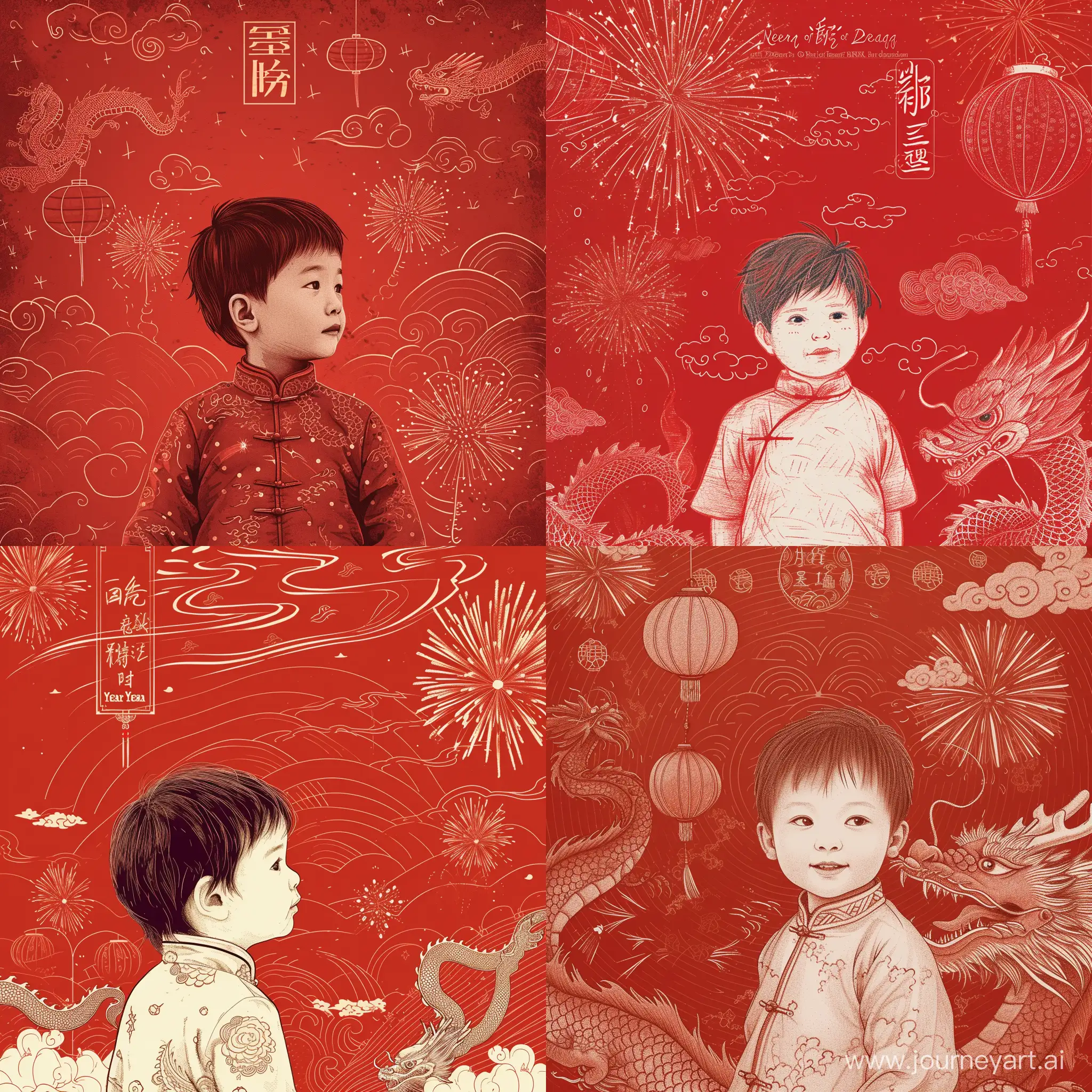 Chinese little boy, blushing, full-body shot, facing forward
Red background,
Lines, flying dragon and auspicious cloud patterns,
Red lanterns, fireworks blooming,
Festive, Chinese elements,
New Year, peace and joy.
Cover engraving: Year of the Dragon 龘 龘 --v 6 --ar 1:1 --no 53718